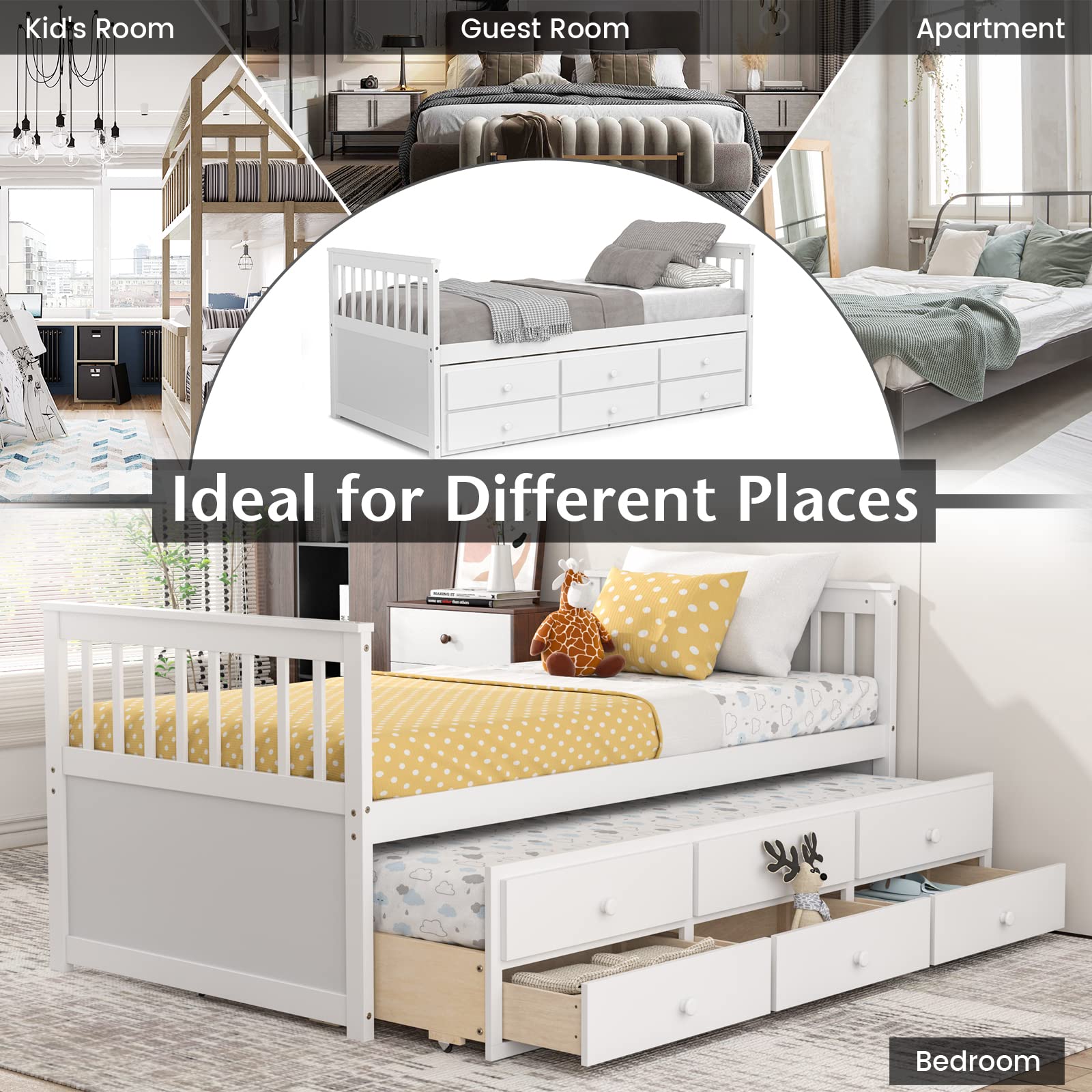 Twin Size Wooden Captain Daybed with Trundle and 3 Storage Drawers