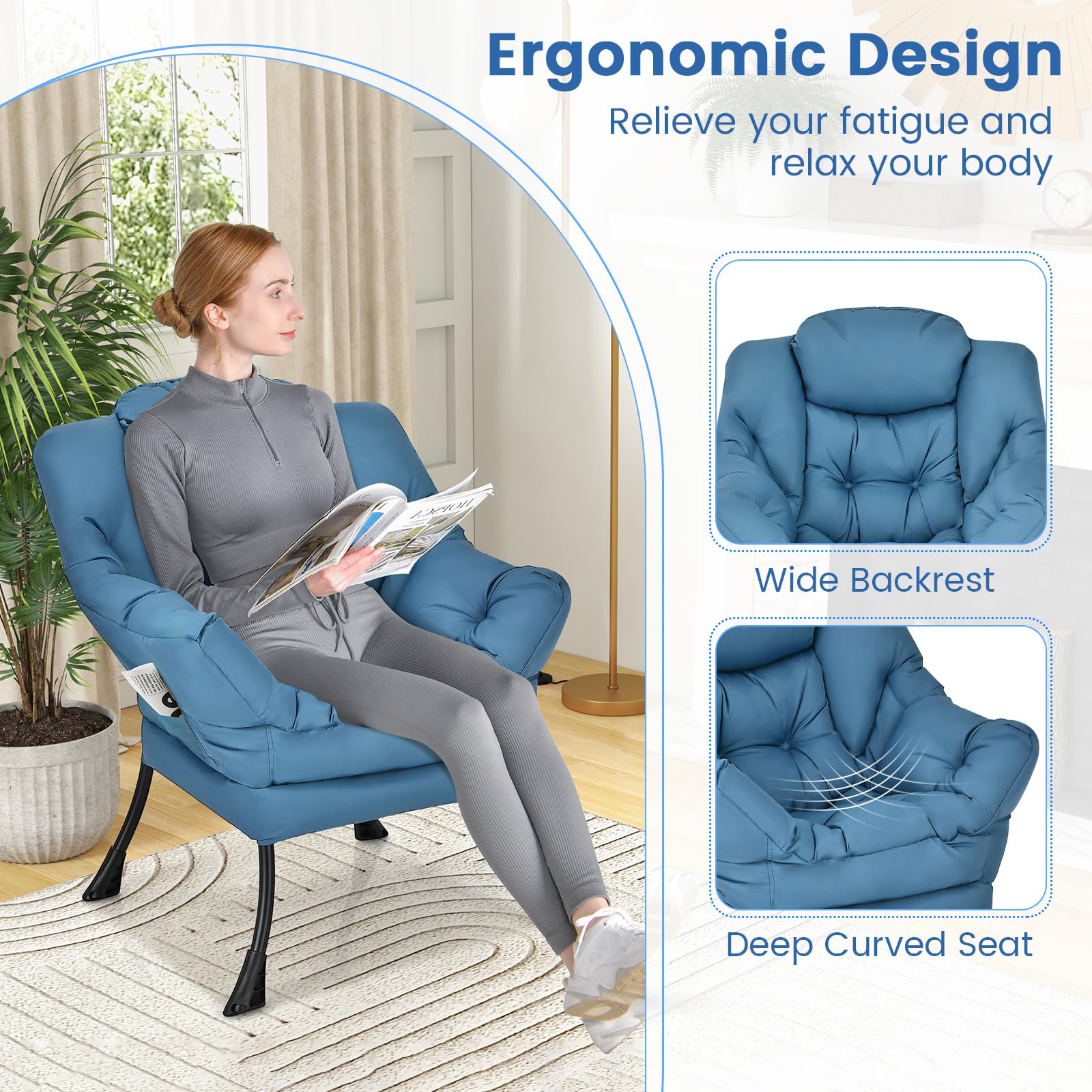 Modern Lazy Chair, Upholstered Single Sofa Chair w/Armrests & Side Pocket