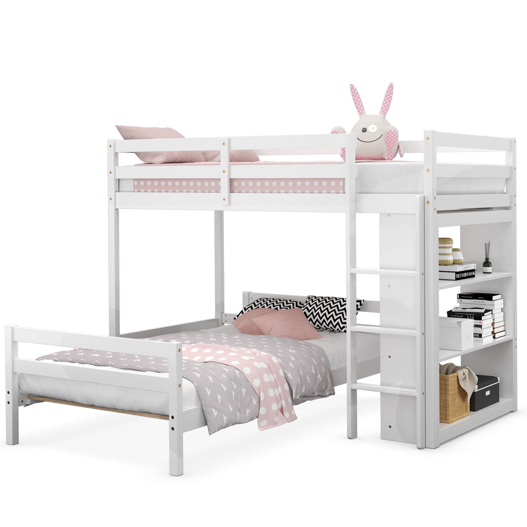 Twin Over Twin Bunk Bed, Convertible Wooden Loft Bed with 3-Tier Bookcase, Can be Separated into 2 Beds