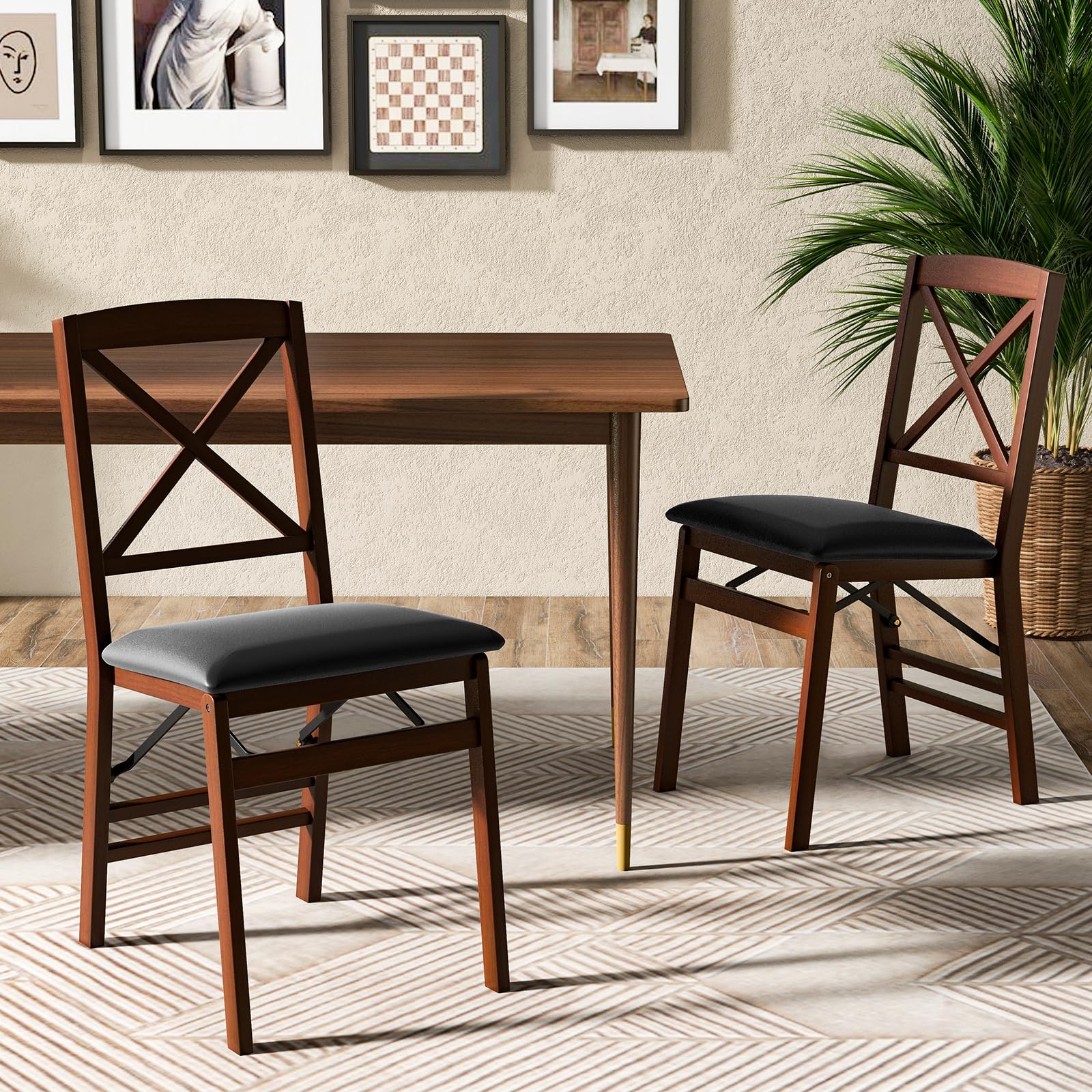 Folding Dining Chairs Set of 2/4, Foldable Wood Chairs with PVC Padded Seat & High Backrest
