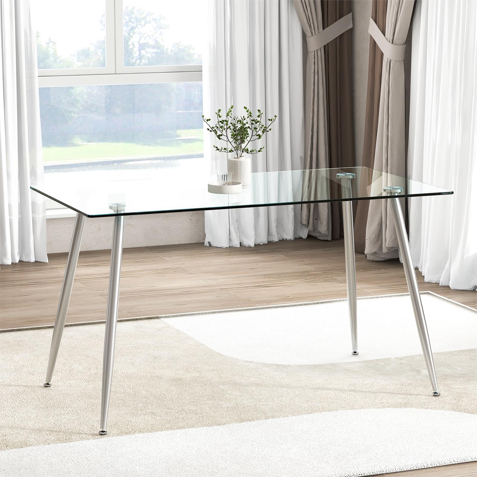 Glass Dining Table, Modern Rectangular Table with Spacious Tempered Glass Tabletop