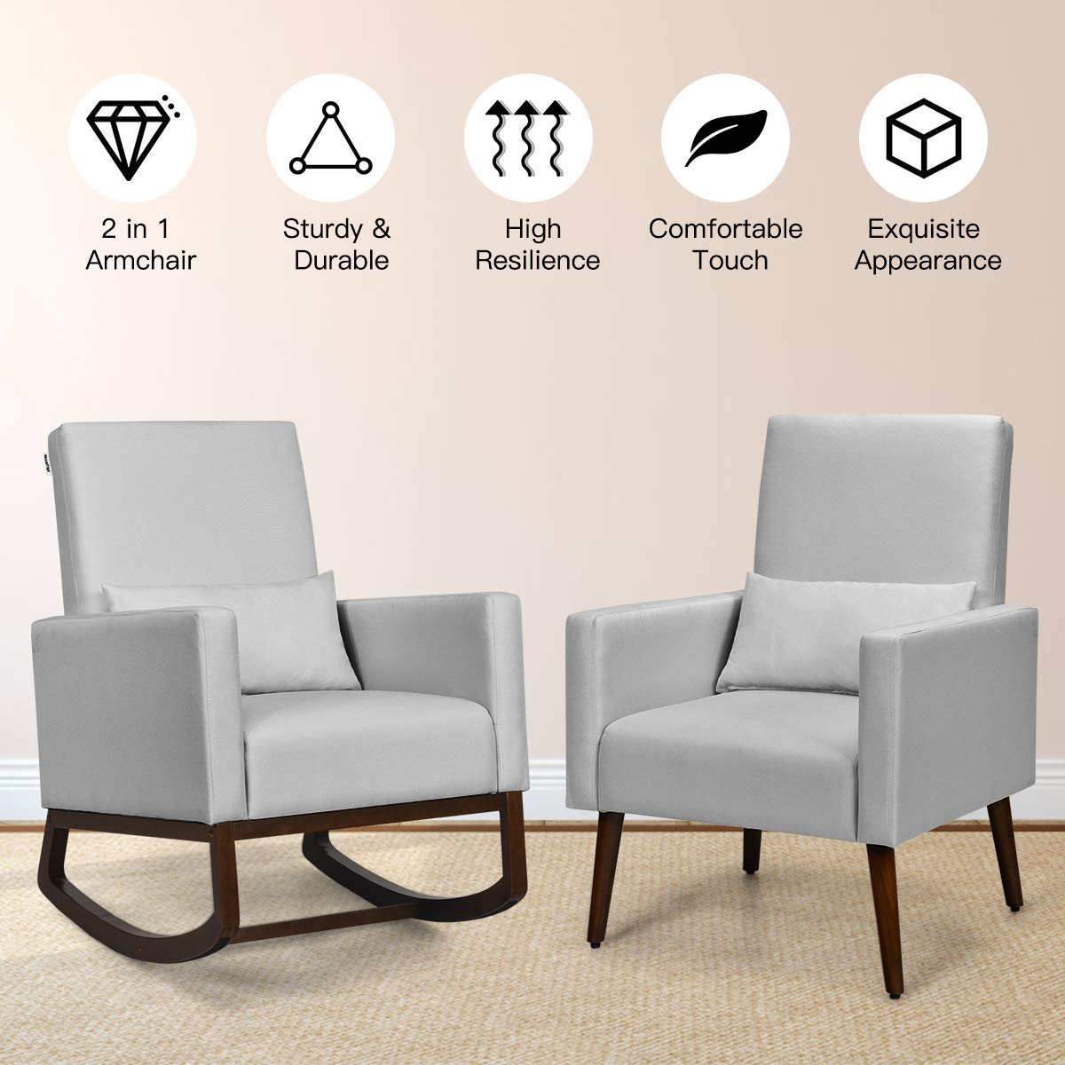 Upholstered Rocking Chair, Modern High Back Armchair, Comfortable Rocker with Fabric Padded Seat, Waist Pillow