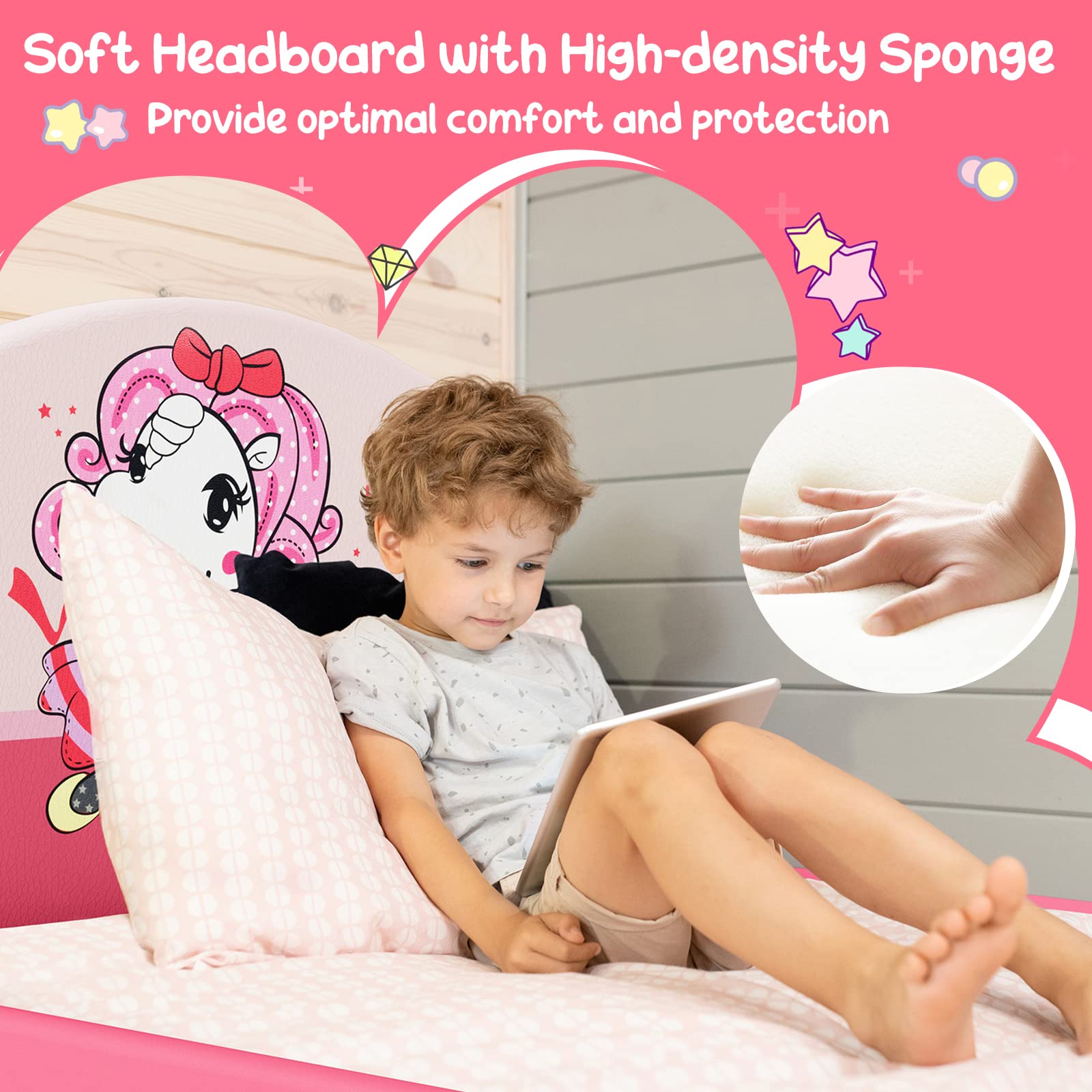 Kids Twin Bed Frame with Headboard, Toddler Upholstered Platform Bed with Slatted Bed Base