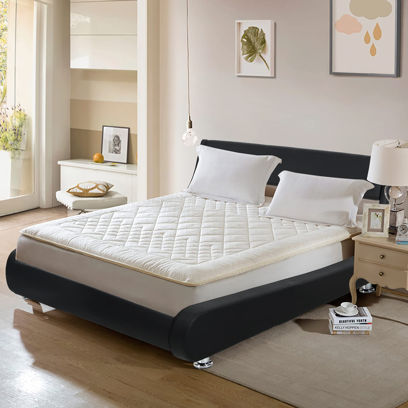 Faux Leather Bed Frame with Adjustable & Upholstered Headboard