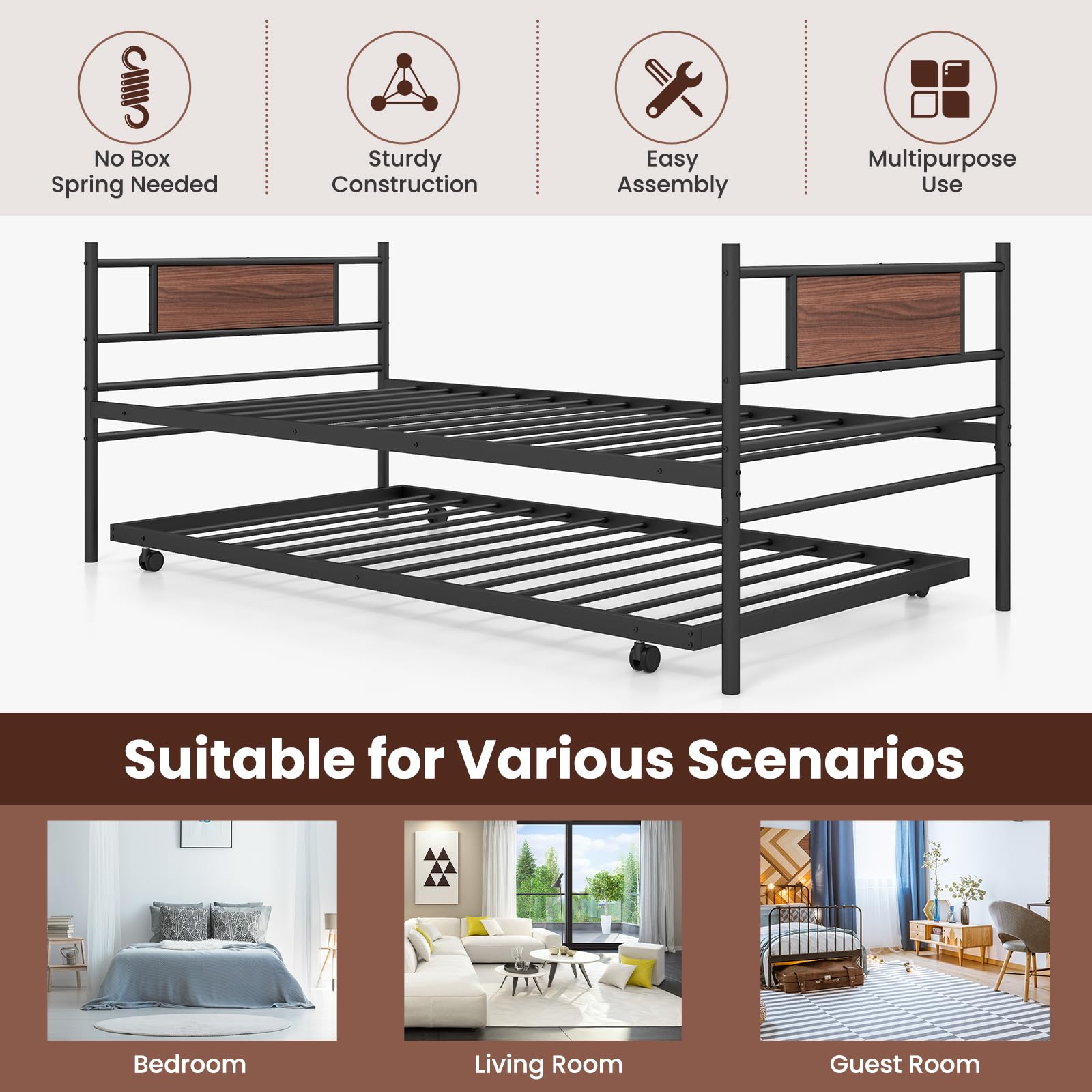 Twin Size Metal Daybed with  Trundle, Wood Grain Headboard & Metal Slat Support