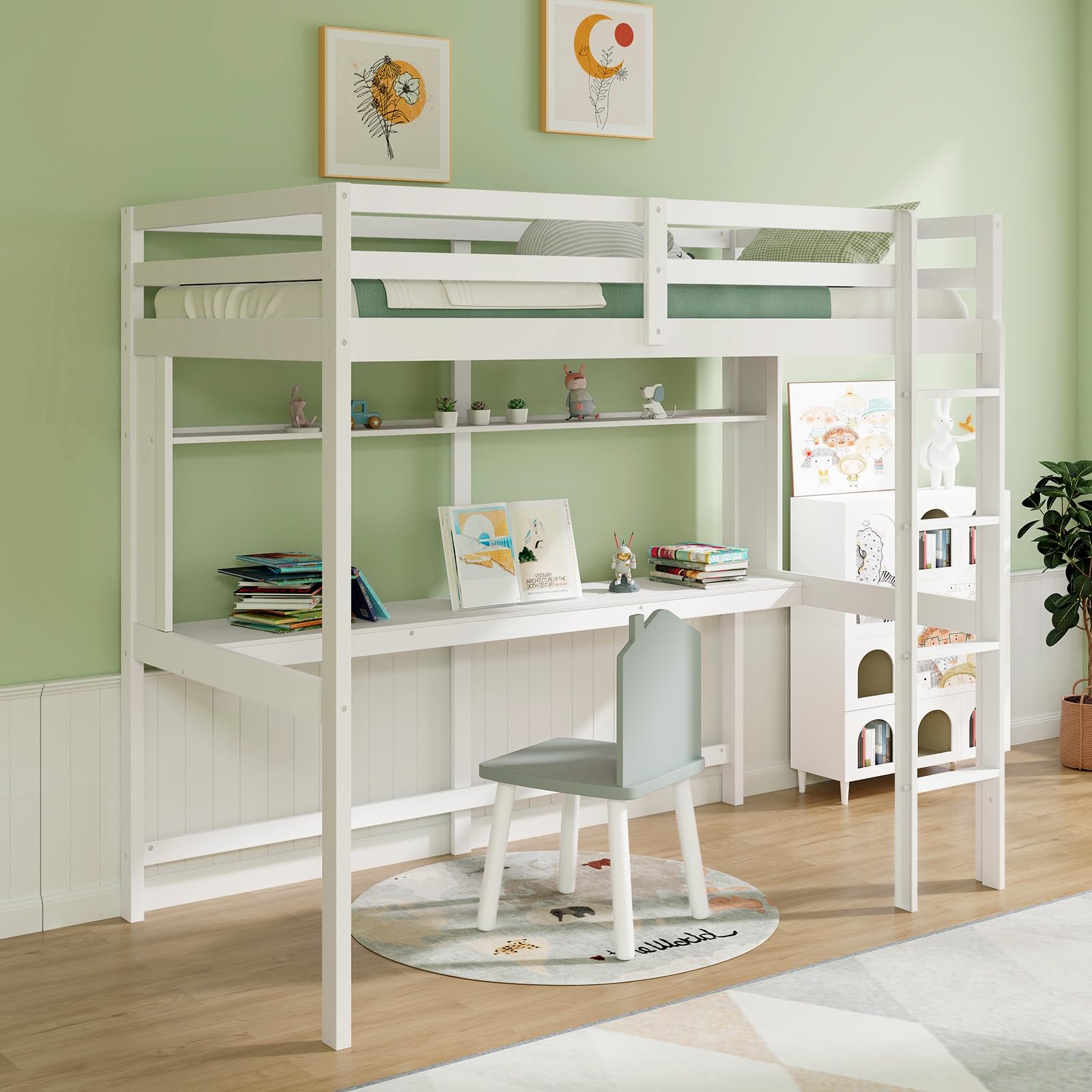 Twin Size Loft Bed with Desk, Bookshelf, Full Length Safety Guardrail & Ladder