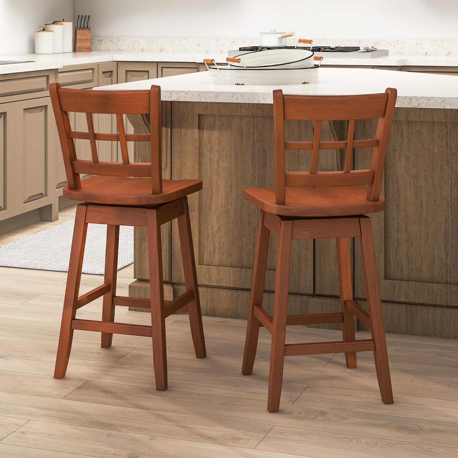 24.5" Bar Stools Set of 2/4, Farmhouse Swivel Barstools with 6-Grid Hollow Back & Ergonomic Contoured Seat, Footrest