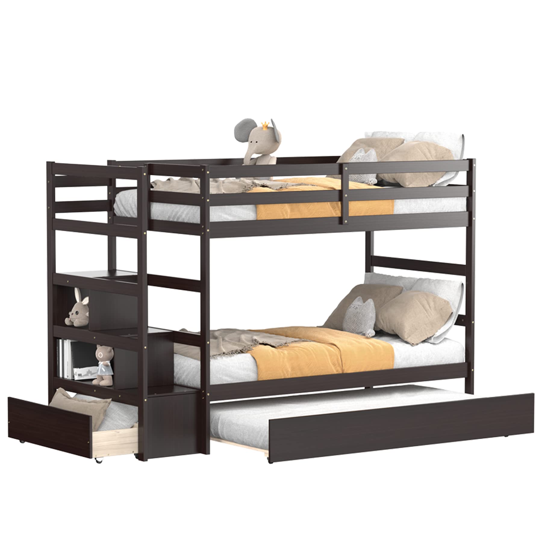 Twin Over Twin Bunk Bed with Trundle & Staircase, Storage Shelves & Drawer