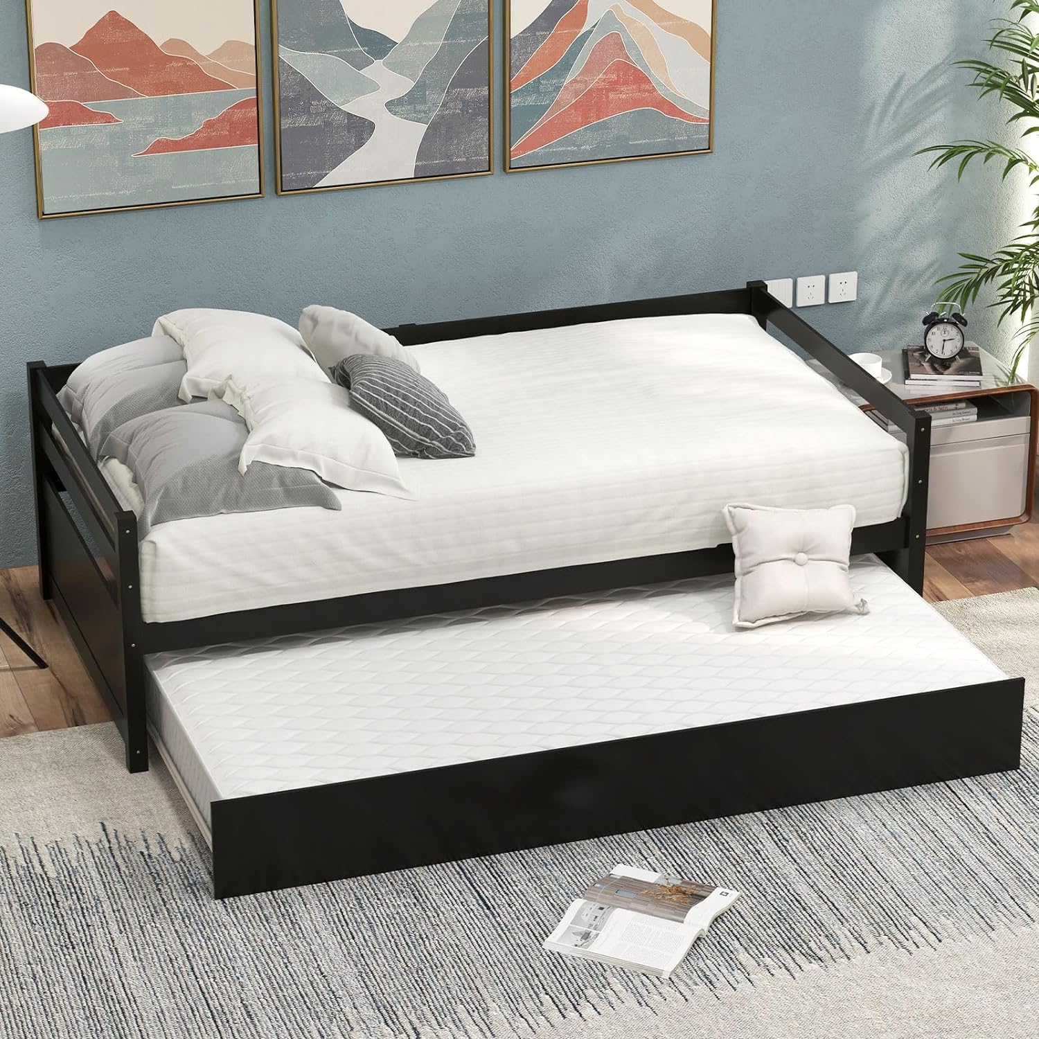 Twin Daybed with Trundle, Wood Trundle Bed with Wood Slat Support