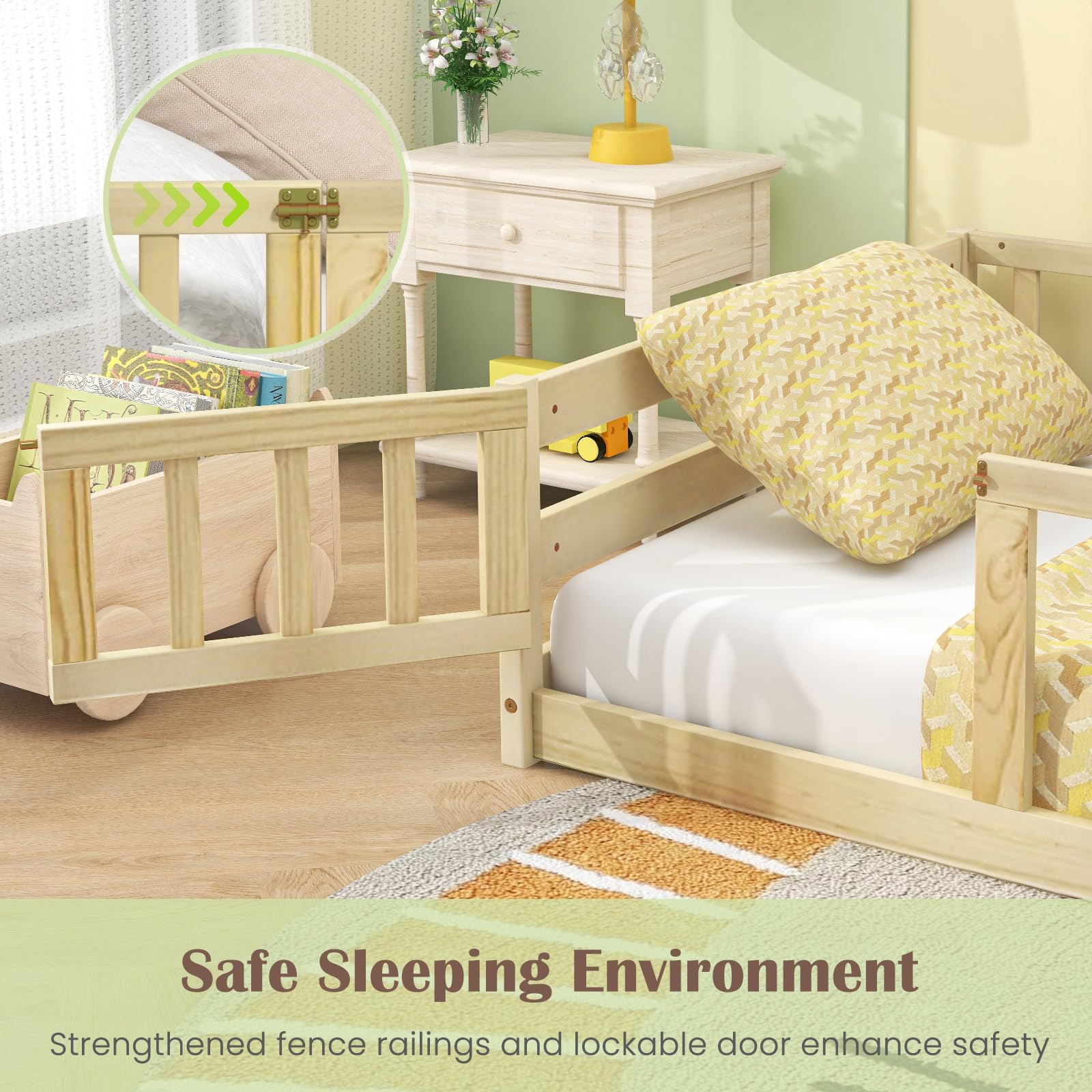 Twin Floor Bed with Door & Fence, Kids Wood Montessori Bed with Safety Guardrails