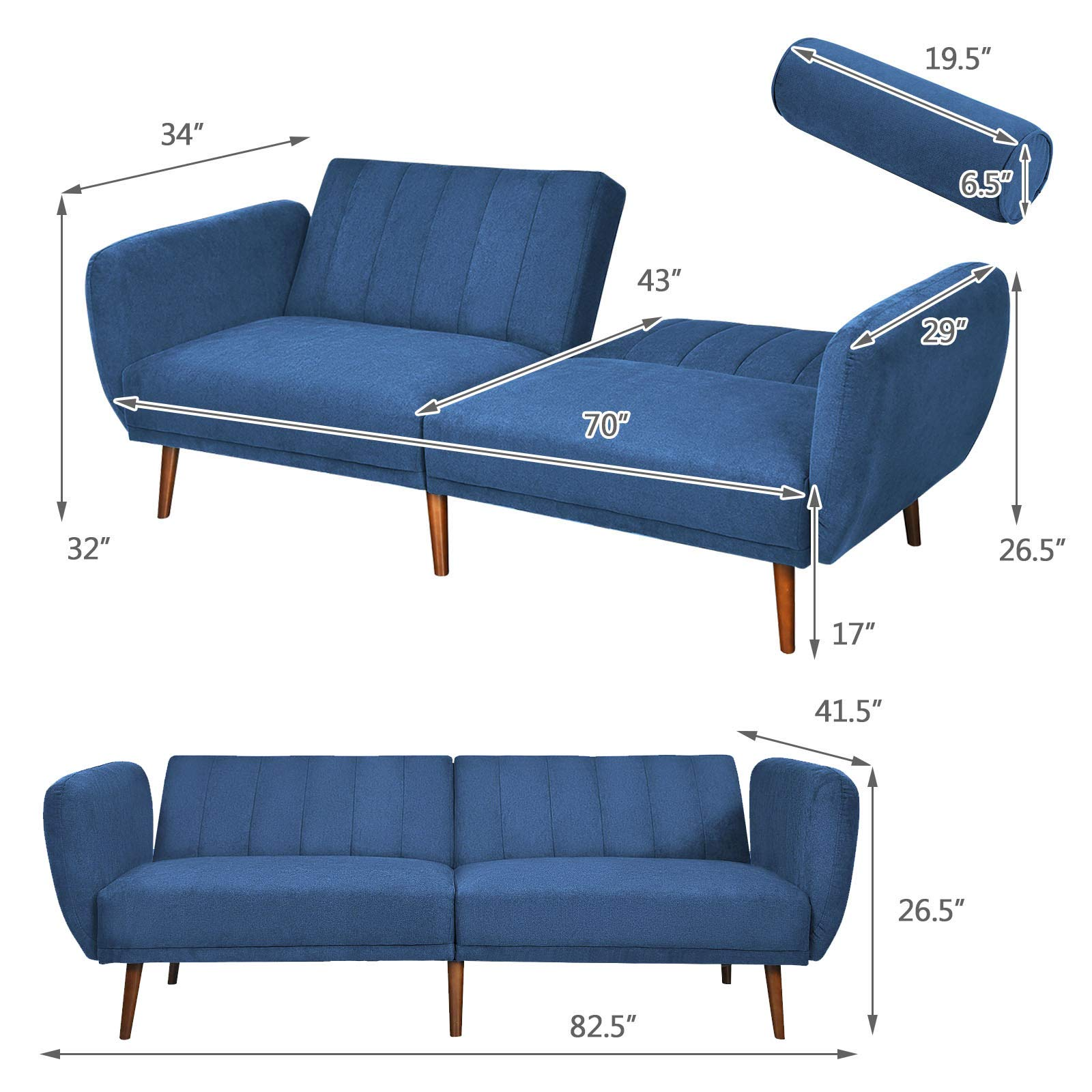 Foldable Futon Sofa Bed, Convertible Sofa Couch Upholstered Futon Sleeper Sofa, 3-Level Angle Adjustable
