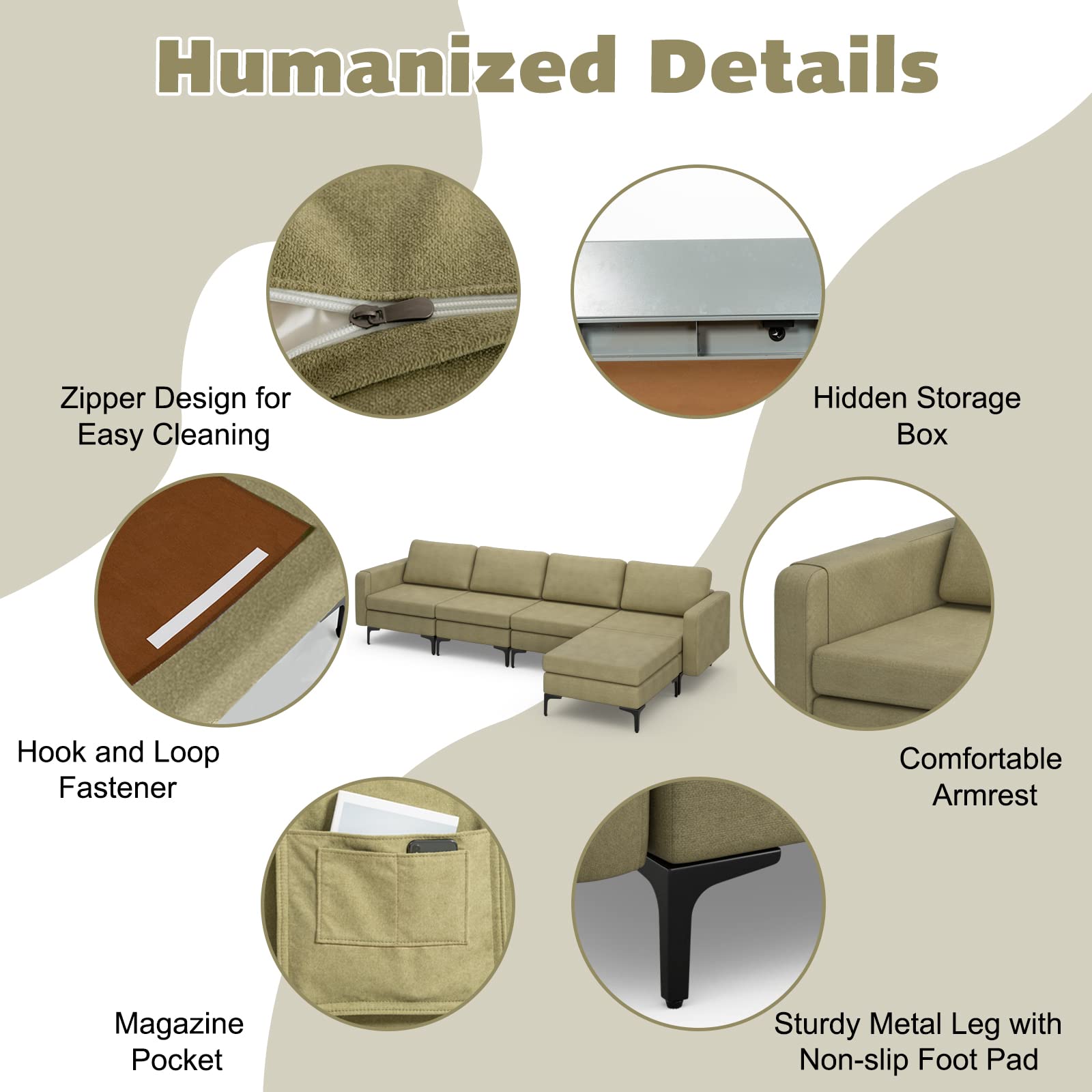 4 Seat Convertible L-Shaped Sofa Couch, 123 Inch Sectional Sleeper with 2 USB Ports Socket