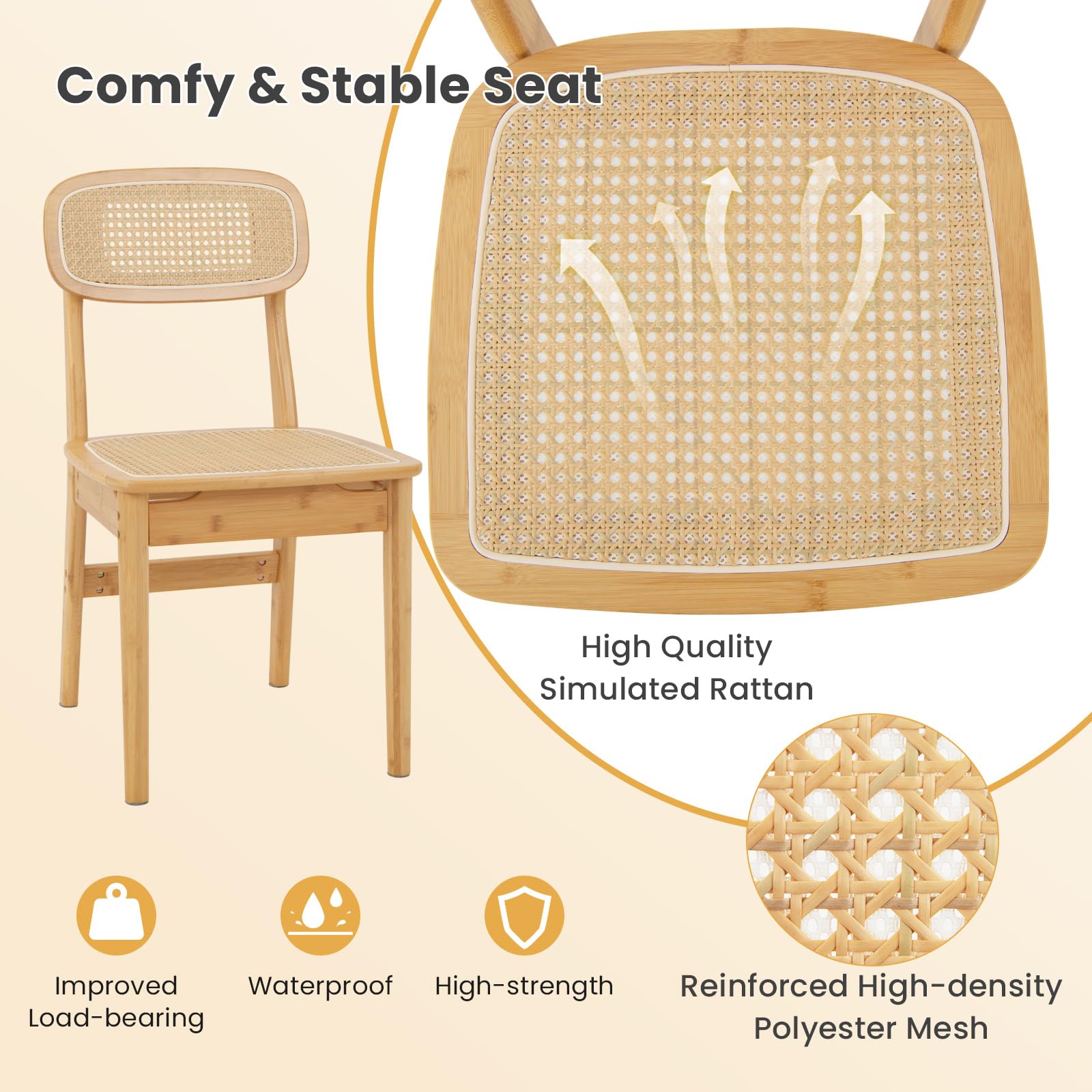 Rattan Dining Chairs Set of 2/4, Bamboo Armless Dining Room Chairs