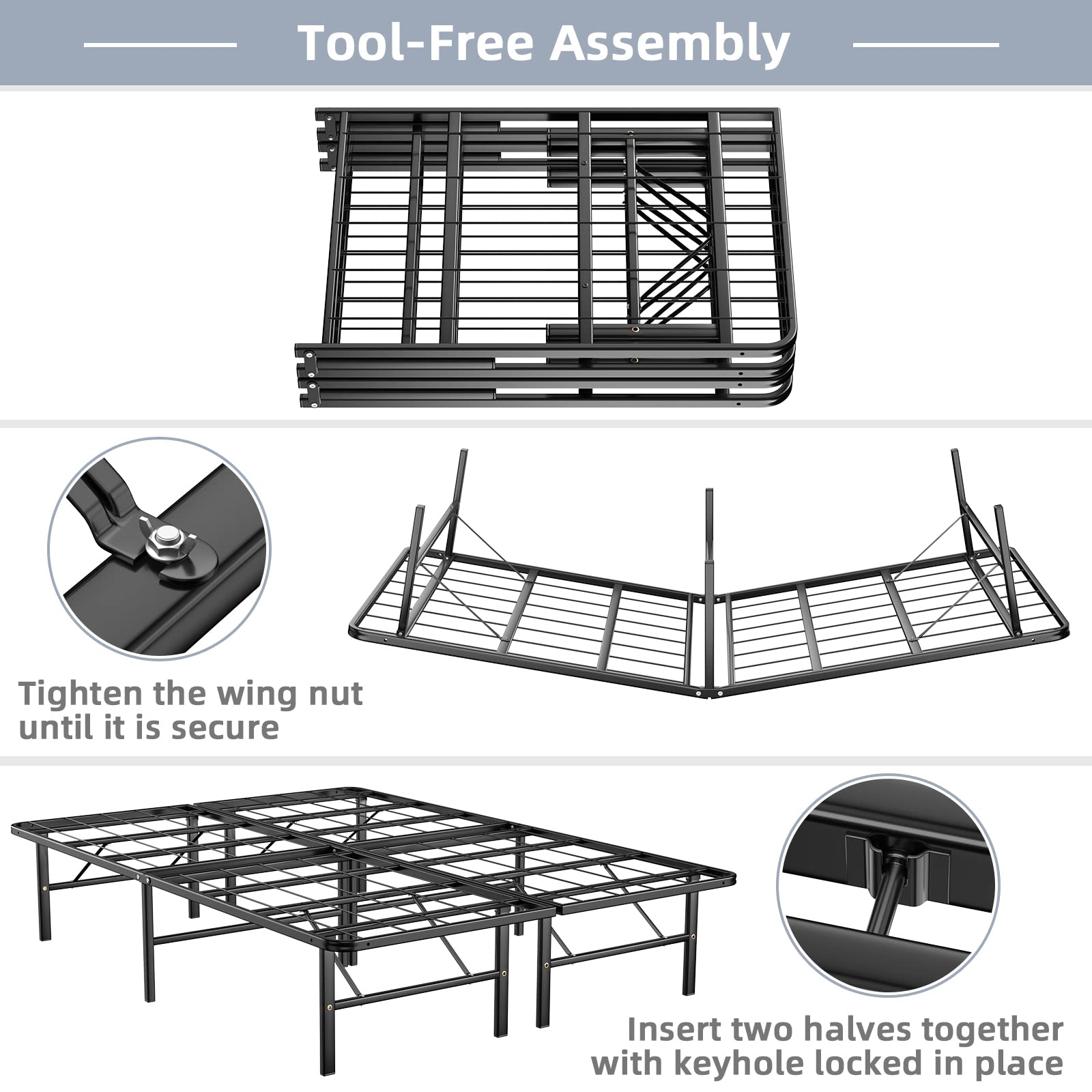 14 Inch Foldable Metal Platform Bed Frame, Tool-Free Assemble, Heavy Duty Folding Bed Frame w/Steel Slat & Underbed Storage