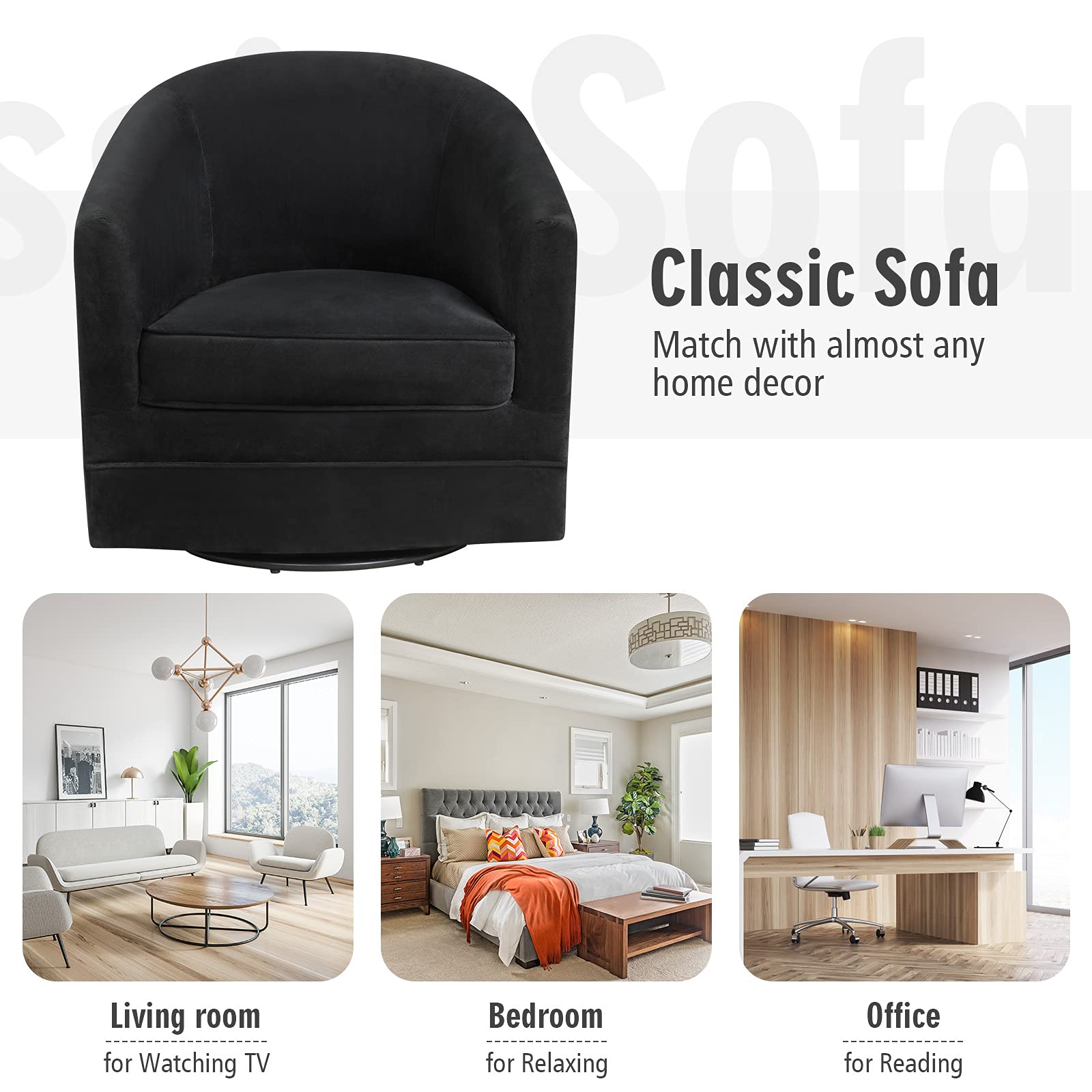 Velvet Round Barrel Chair with 360-Degree Swivel Metal Base, Black