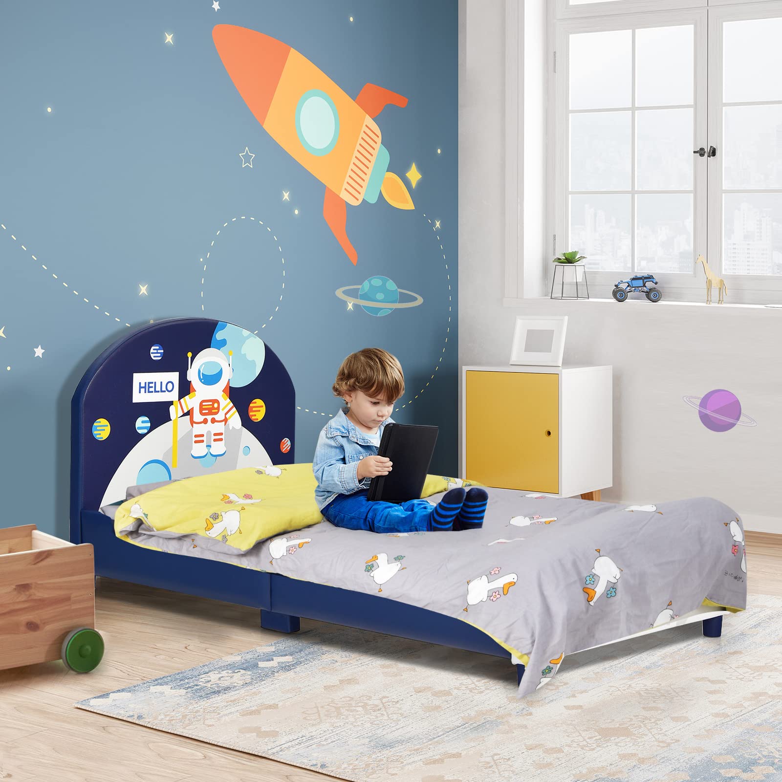 Kids Bed, Toddler Upholstered Platform Floor Bed w/Headboard & Wooden Slat Base