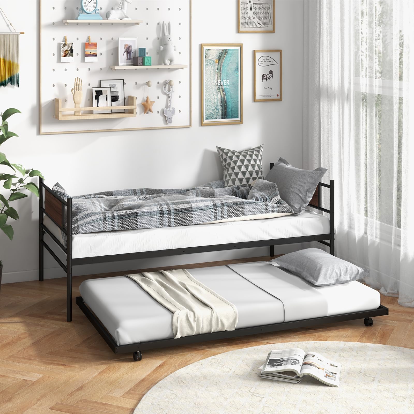 Twin Size Metal Daybed with  Trundle, Wood Grain Headboard & Metal Slat Support