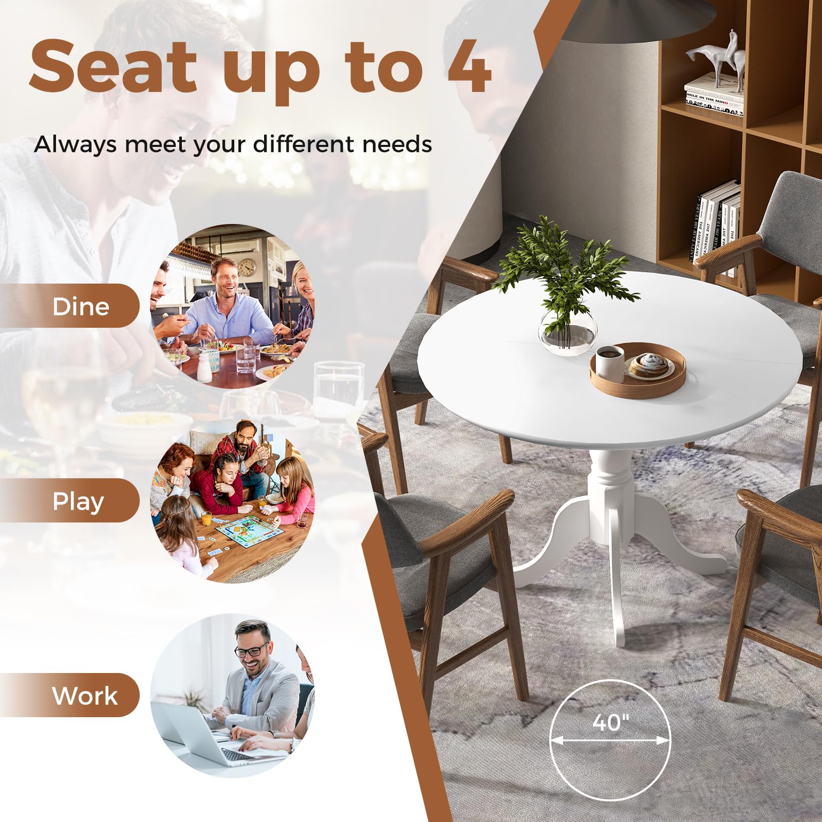 Wood Round Dining Table for 4 People with Round Tabletop & Curved Trestle Legs