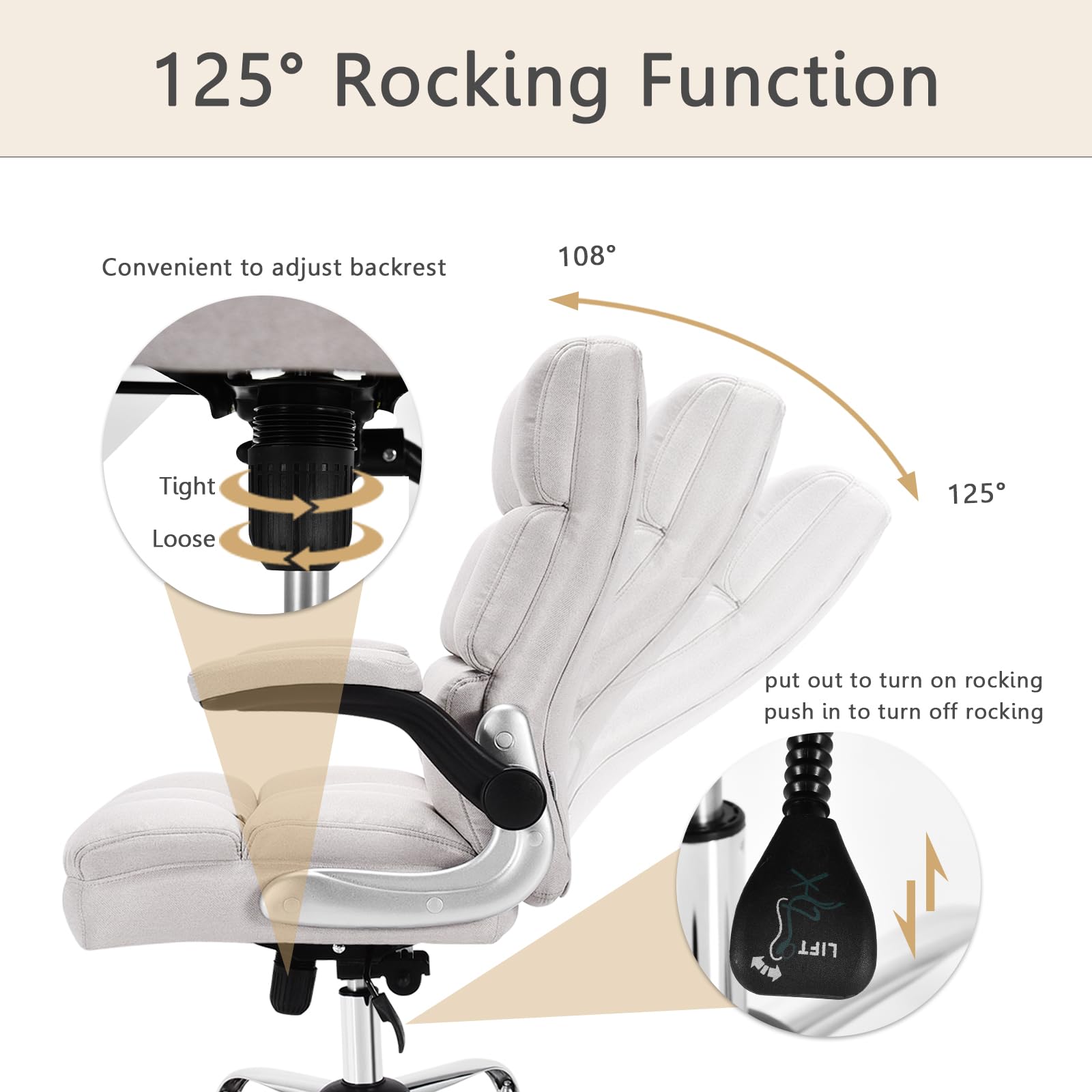 Executive Office Chair, Adjustable Tilt Angle and Flip-up Armrest Linen Fabric Upholstered Chair with Thick Padding