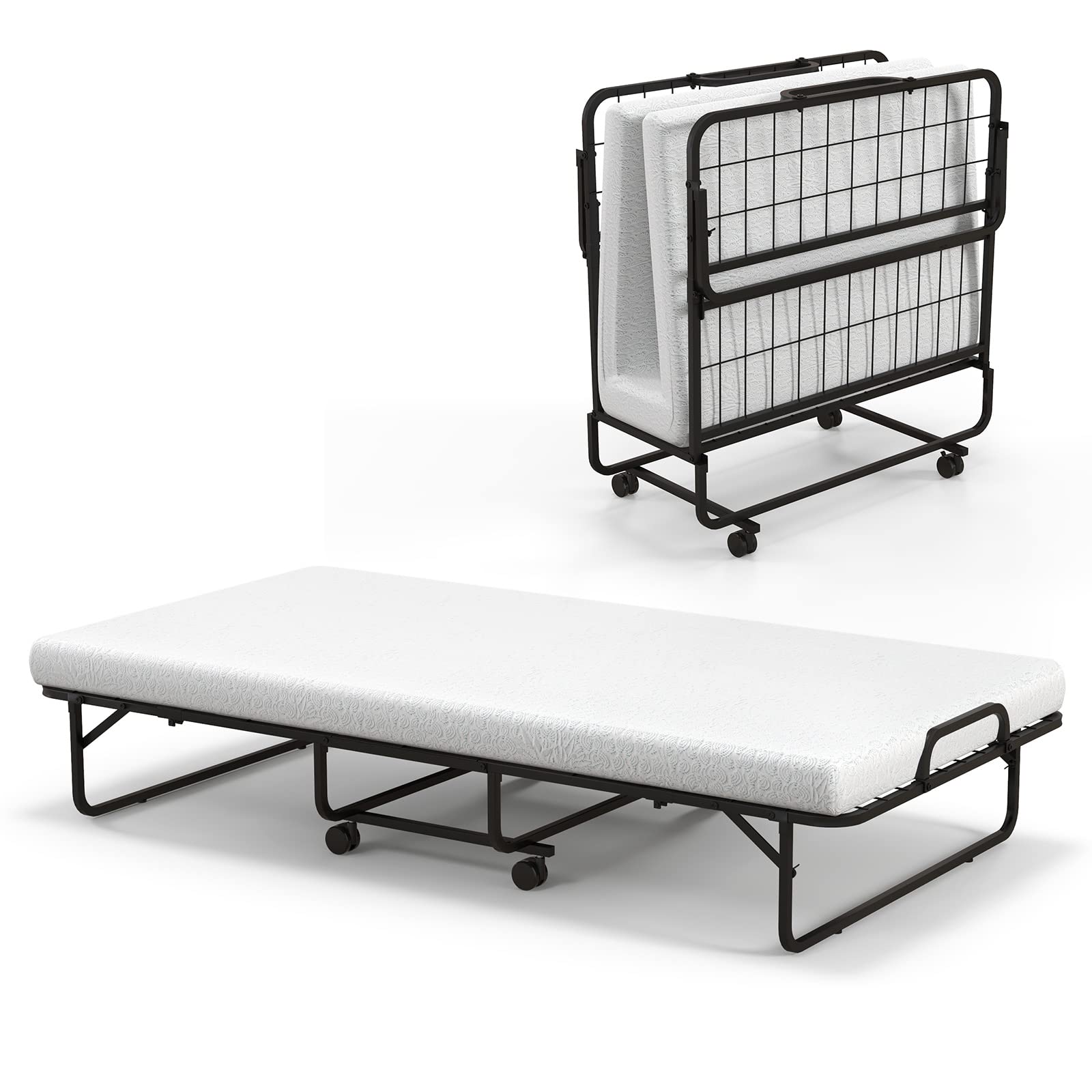 Folding Bed with 4" Mattress for Adults, Twin Size Rollaway Guest Beds w/Sturdy Metal Frame & Memory Foam Mattress