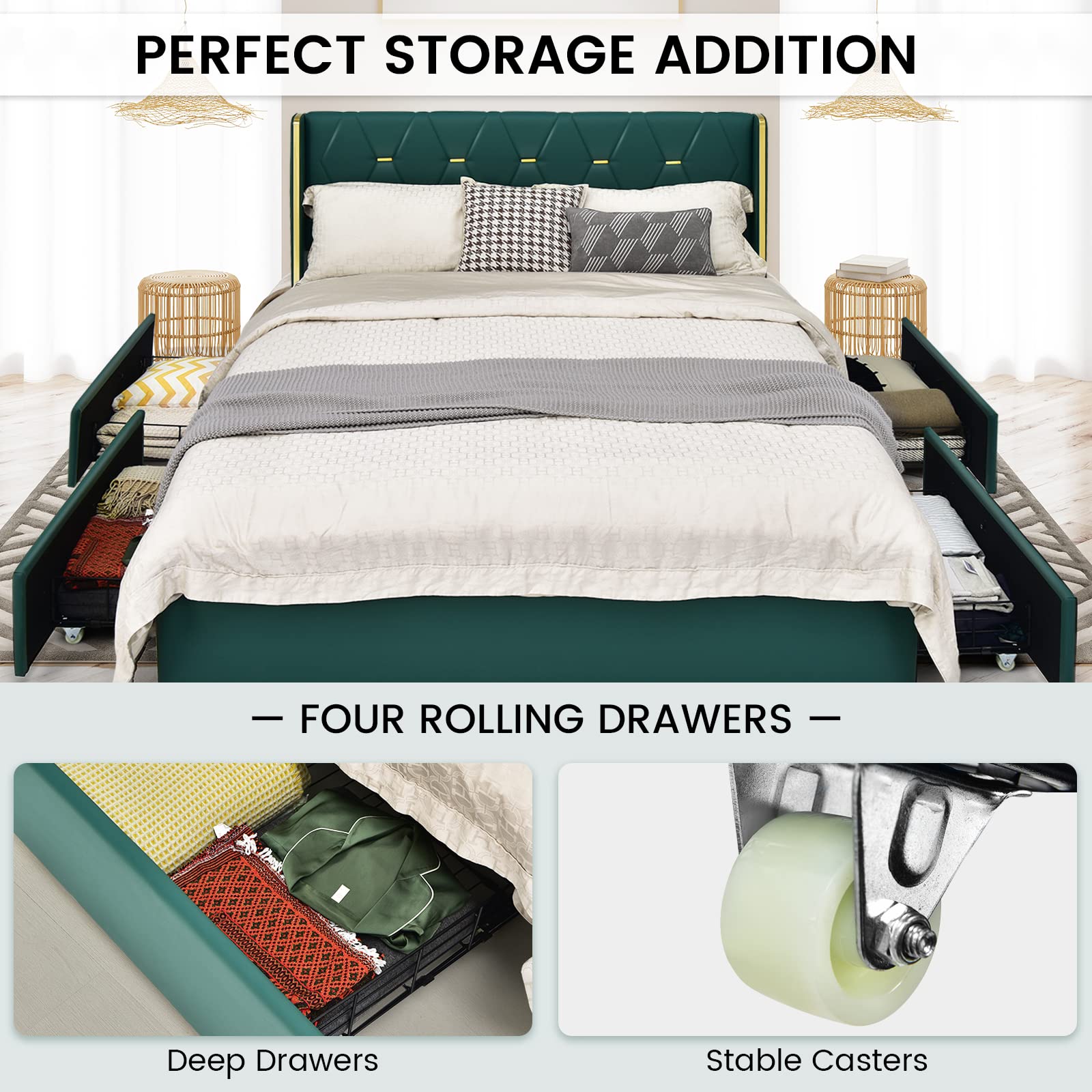Full/Queen Upholstered Bed Frame with 4 Rolling Storage Drawers, Space Saving PU Leather Bed Frame