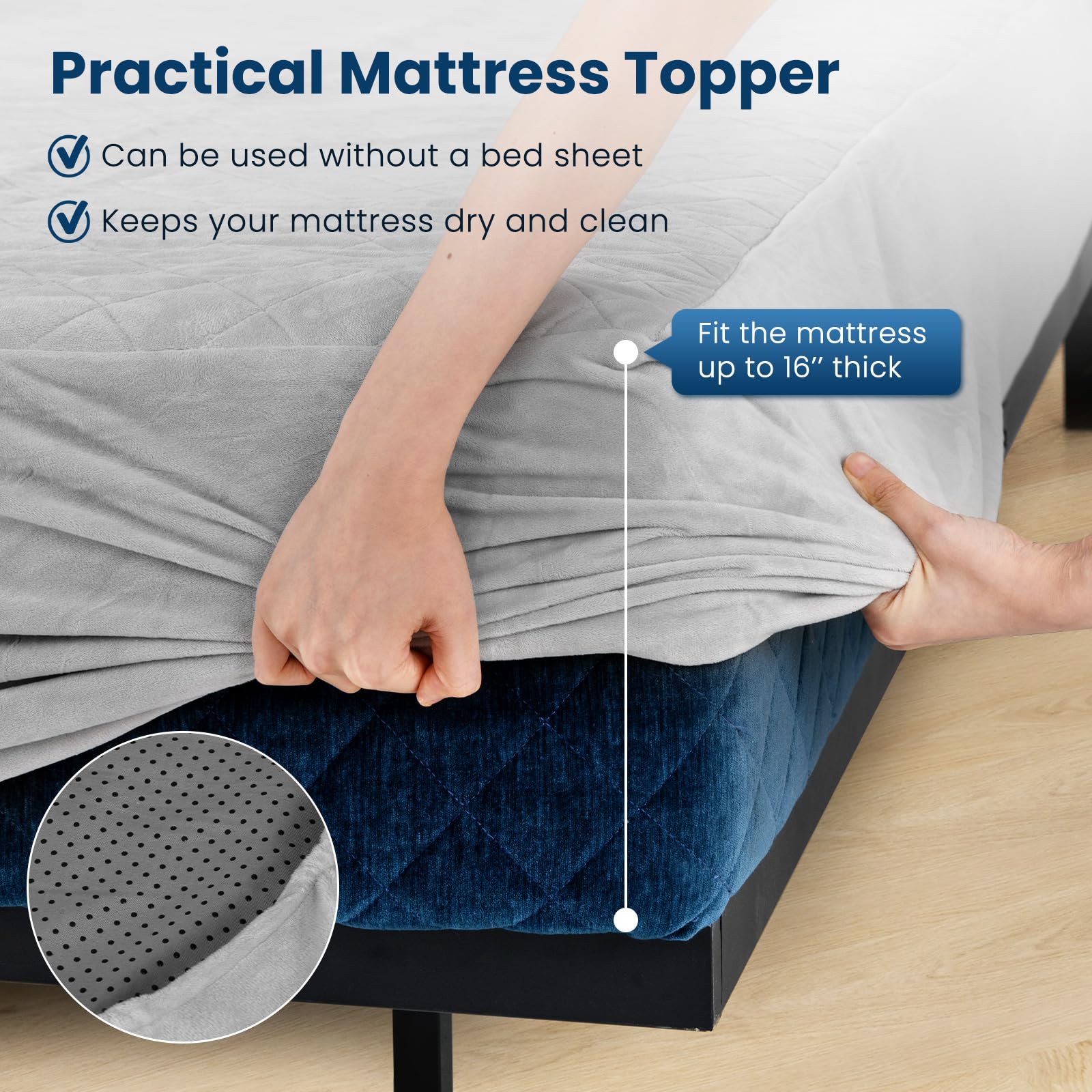 Mattress Topper Cover, Soft Velvet Mattress Protector with Deep Pockets, Elastic Sides & Anti-Slip Bottom