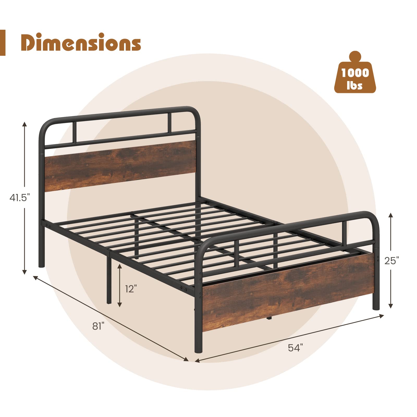 Industrial Metal Bed Frame with Wood Headboard and Footboard, Rustic Brown
