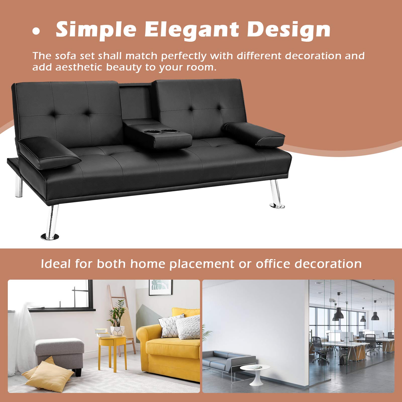Leather Convertible Futon Sofa Bed with Removable Armrests and 2 Cup Holders