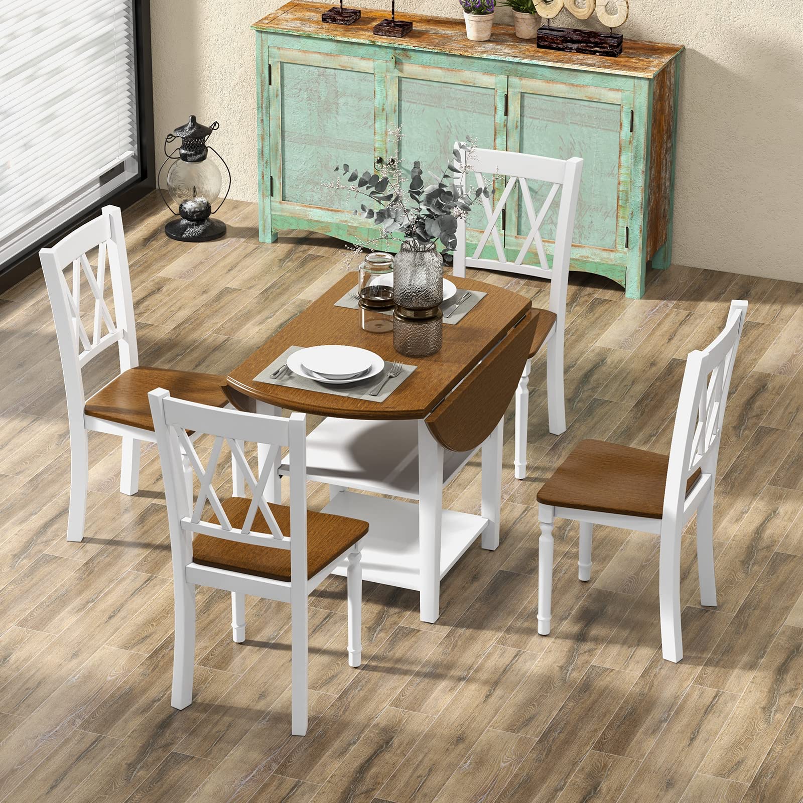 Dining Table Set for 4 with Drop Leaf Round Kitchen Table & 4 Chairs