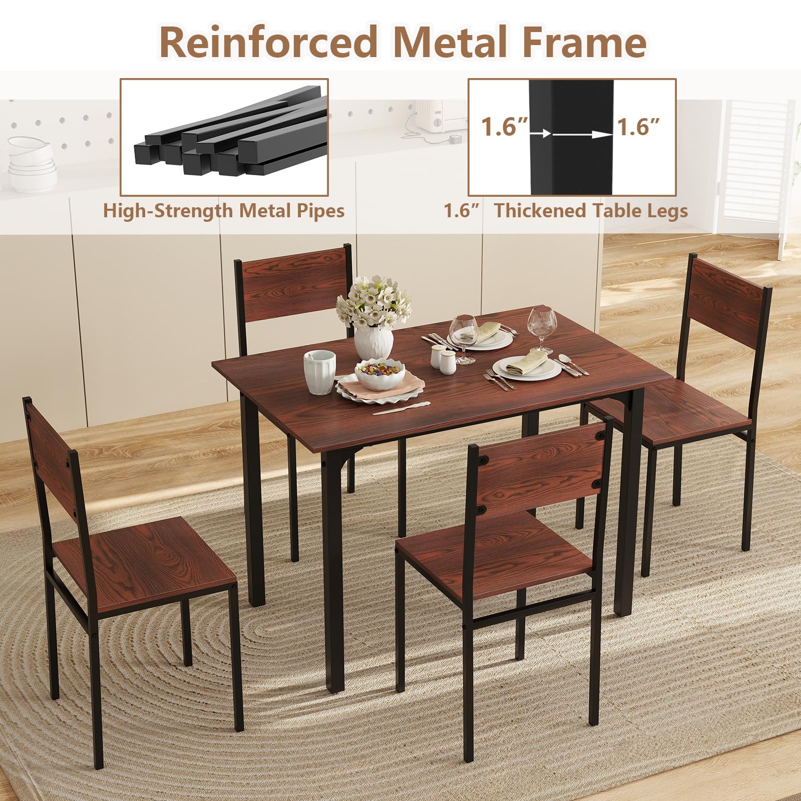 5-Piece Dining Table Set, Industrial Kitchen Table and Chairs for 4 with Backrest and Metal Frame