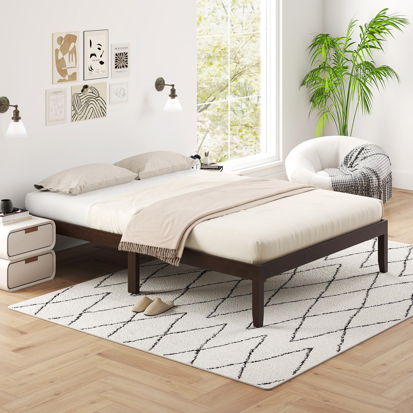 Wood Platform Bed Frame, 14 Inches Wooden Mattress Foundation with Solid Rubber Wood Legs