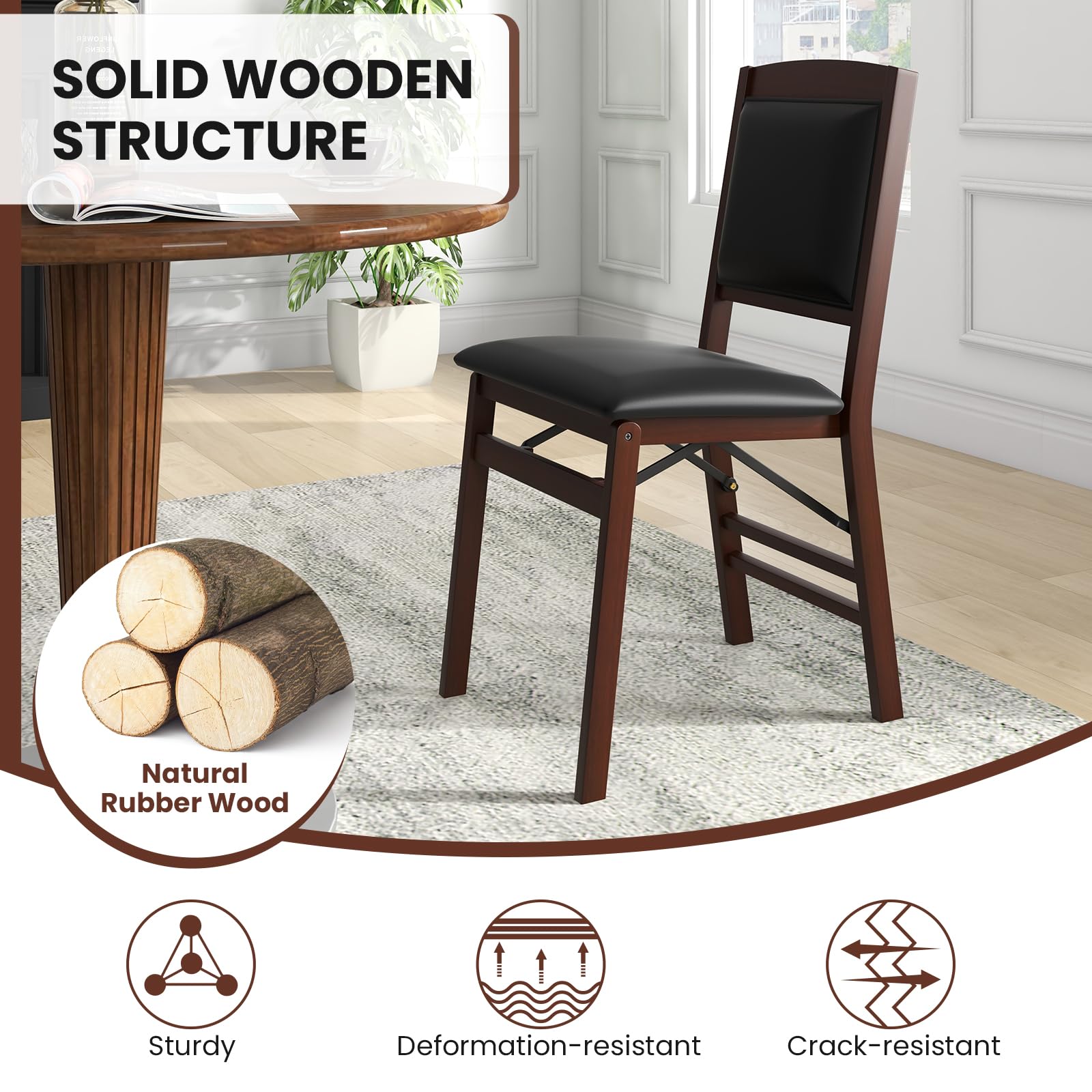 Folding Dining Chairs Set of 2/4, Foldable Wood Chairs with PVC Padded Seat & High Backrest