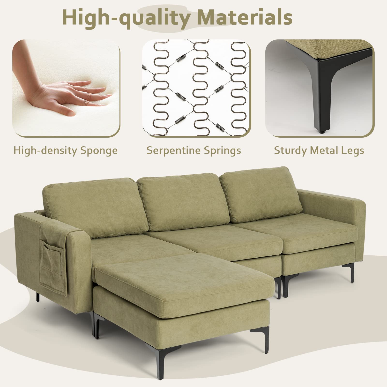 Convertible Sectional Sofa Couch, 3-Seat L Shaped Couch with Reversible Ottoman, Built-in Socket & USB Ports