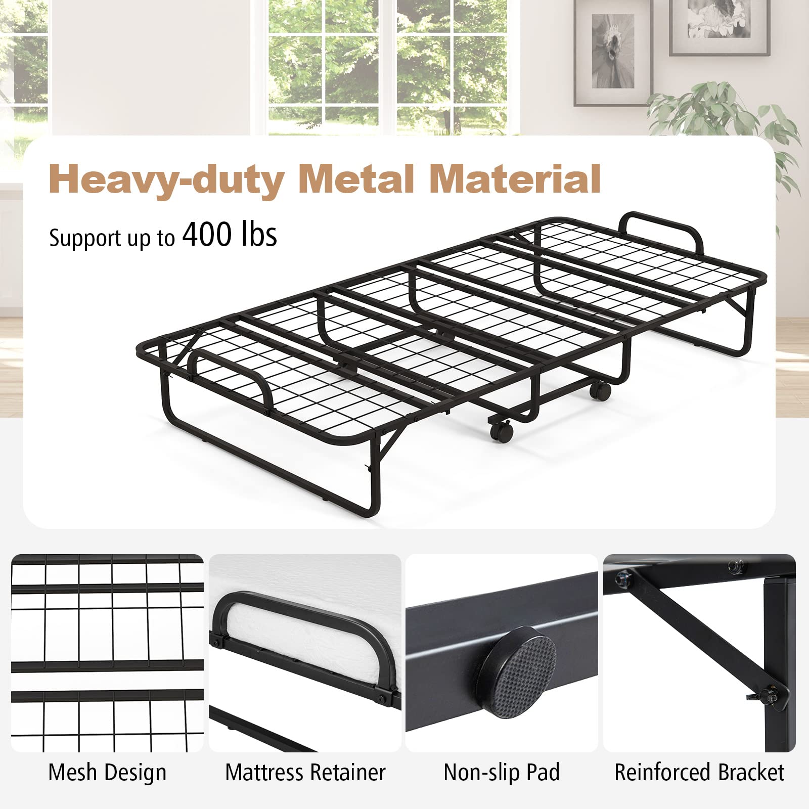 Folding Bed with 4" Mattress for Adults, Twin Size Rollaway Guest Beds w/Sturdy Metal Frame & Memory Foam Mattress