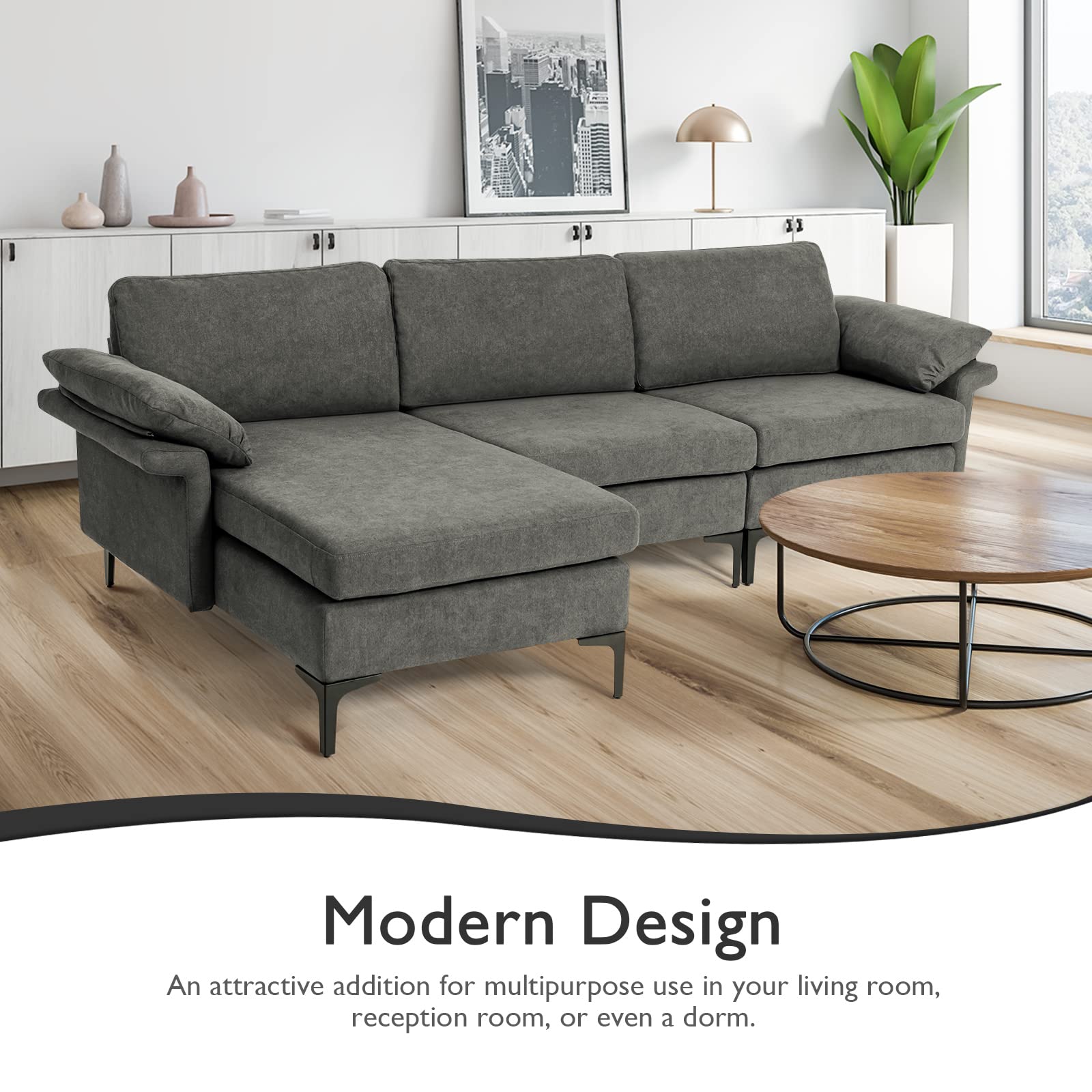 100.5 Inch Convertible L-Shaped Sectional Sofa Couch, 3-Seat Sofa with Reversible Chaise Lounge