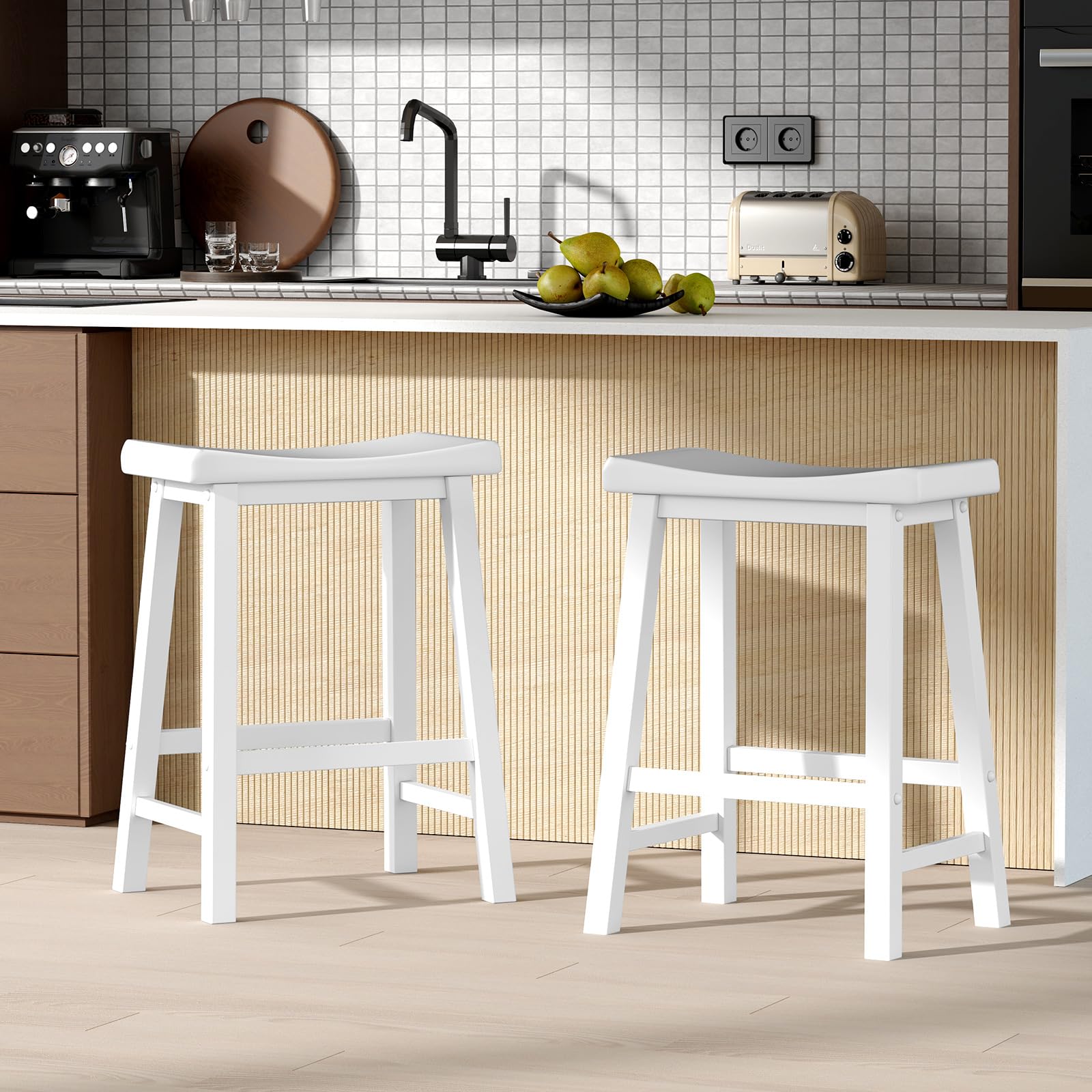 Saddle Stools Set of 2/4, 24-inch Counter Height Barstools with Solid Wood Legs & Footrests