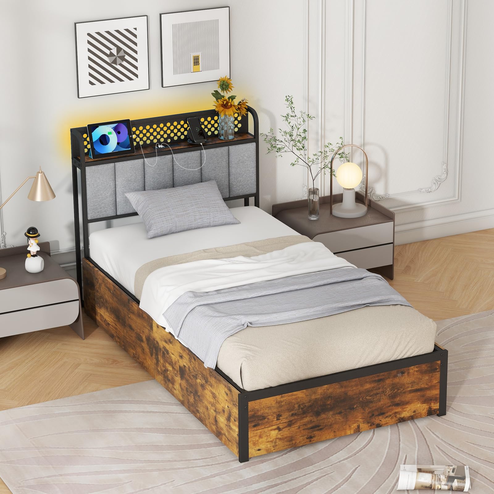 Industrial LED Bed Frame with 4 Storage Drawers & Charging Station