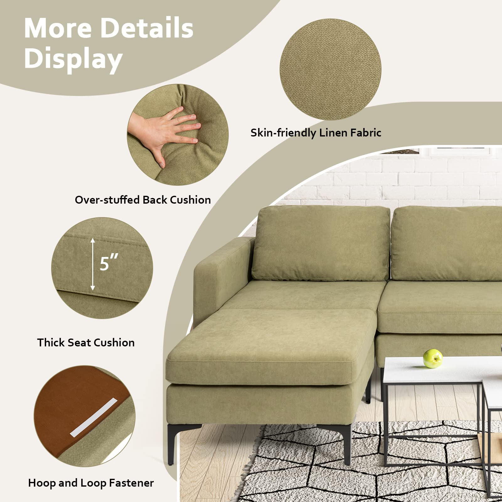 Convertible Sectional Sofa Couch, 3-Seat L Shaped Couch with Reversible Ottoman, Built-in Socket & USB Ports