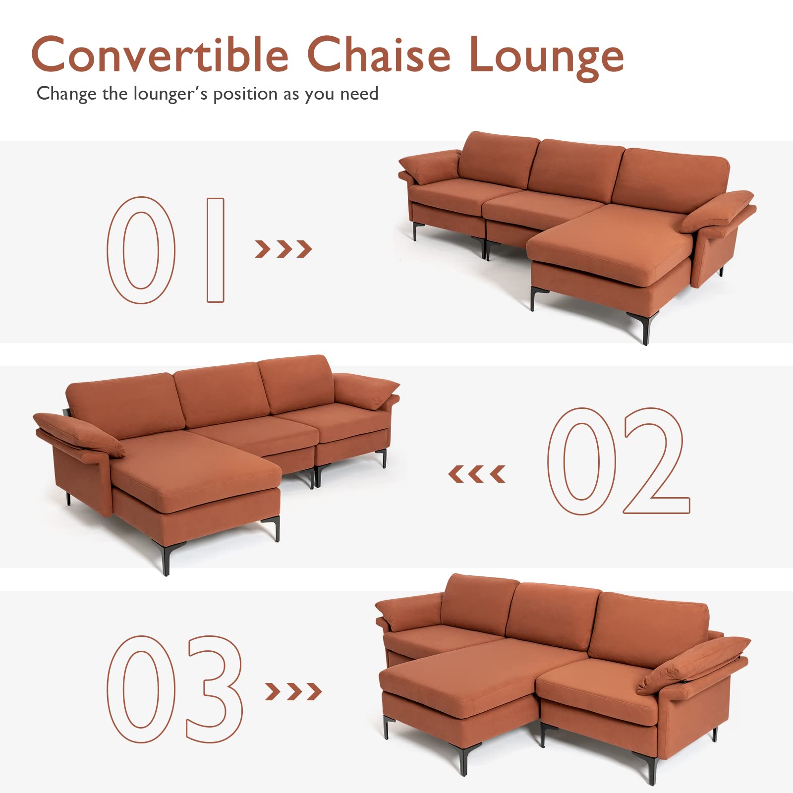 100.5 Inch Convertible L-Shaped Sectional Sofa Couch, 3-Seat Sofa with Reversible Chaise Lounge