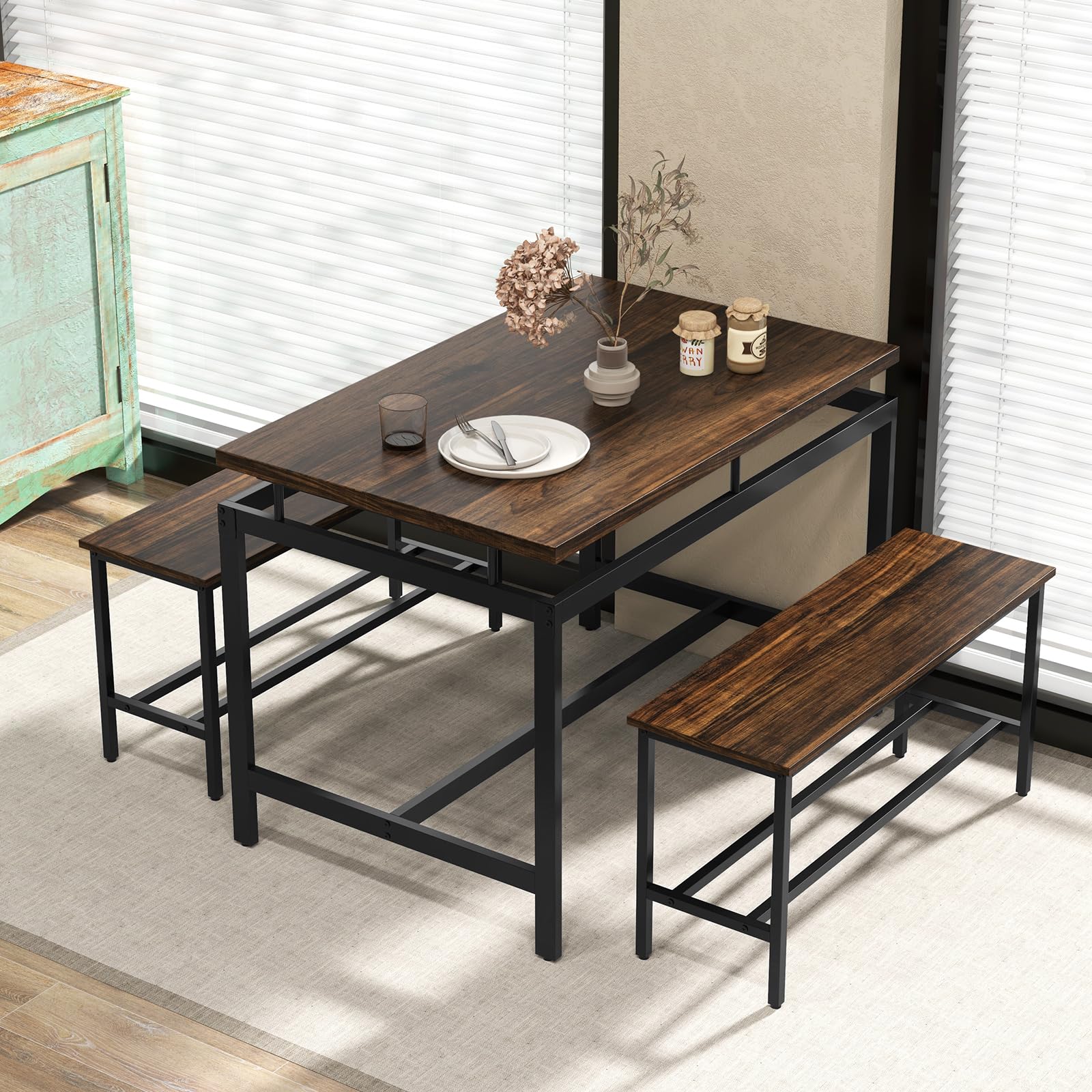 Dining Table Set for 4 with 2 Benches, Metal Frame