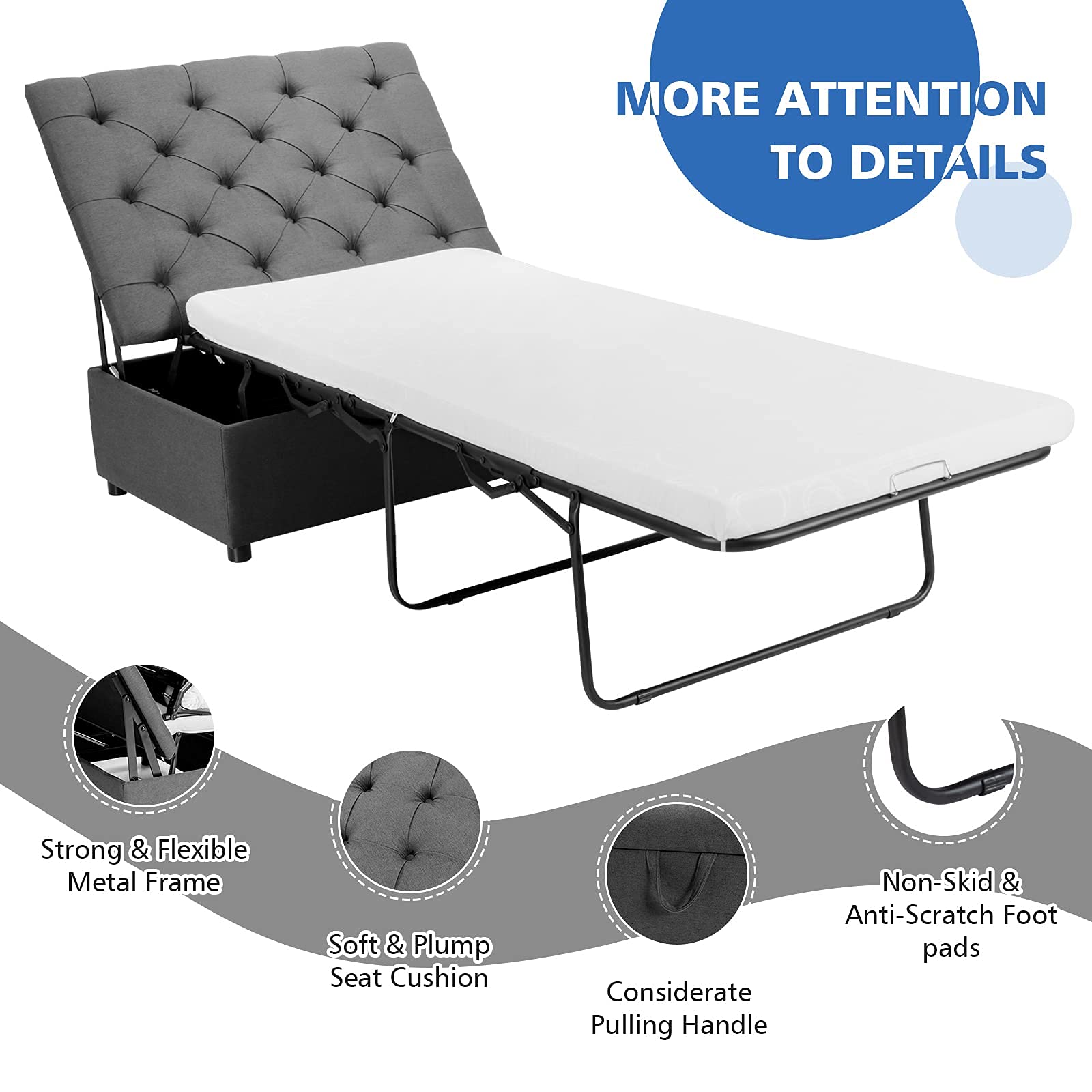 Folding Ottoman Sleeper Chair With Mattress, Convertible Fold Out Sofa Bed