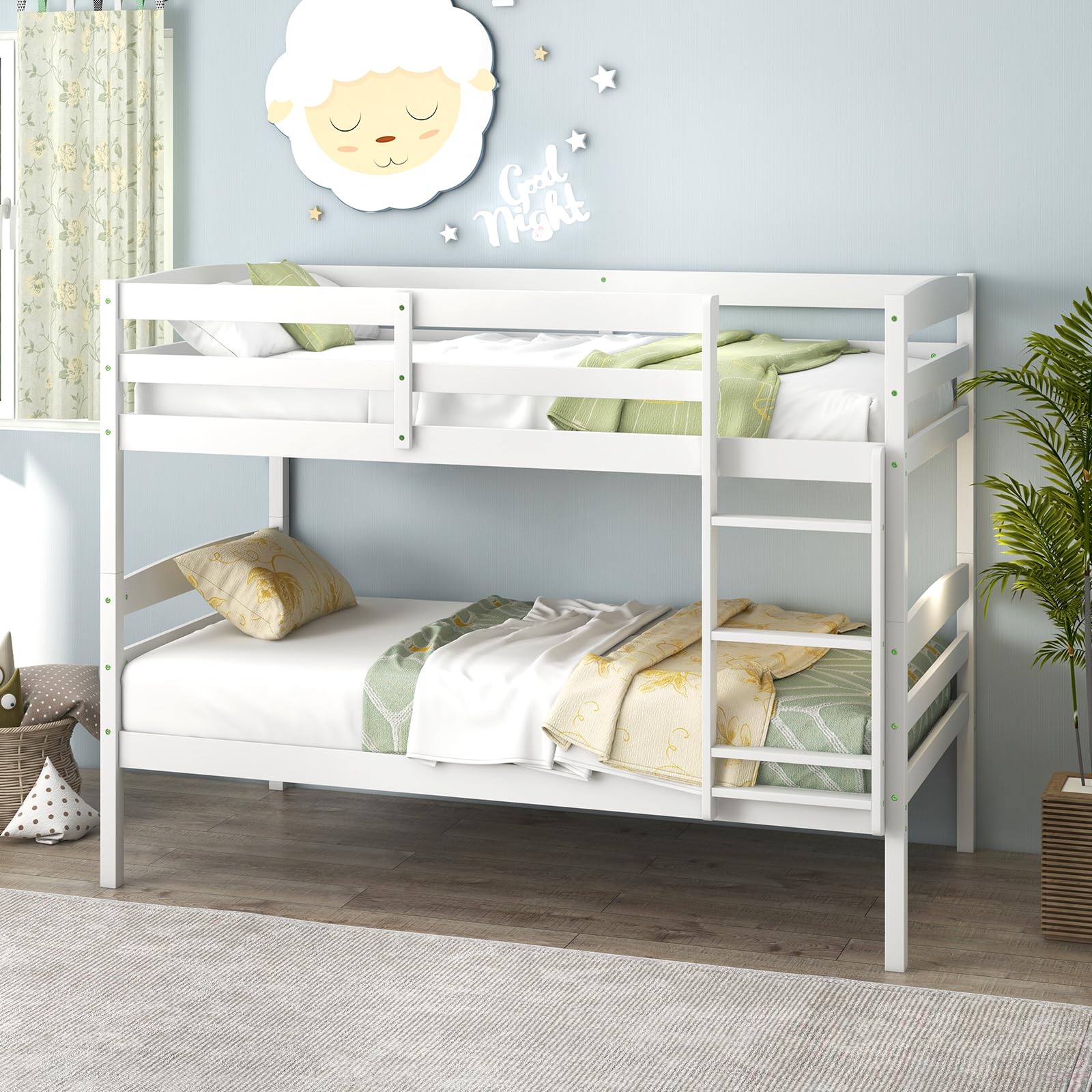 Twin Over Twin Wood Bunk Bed with Full-Length Guardrail & Integrated Ladder