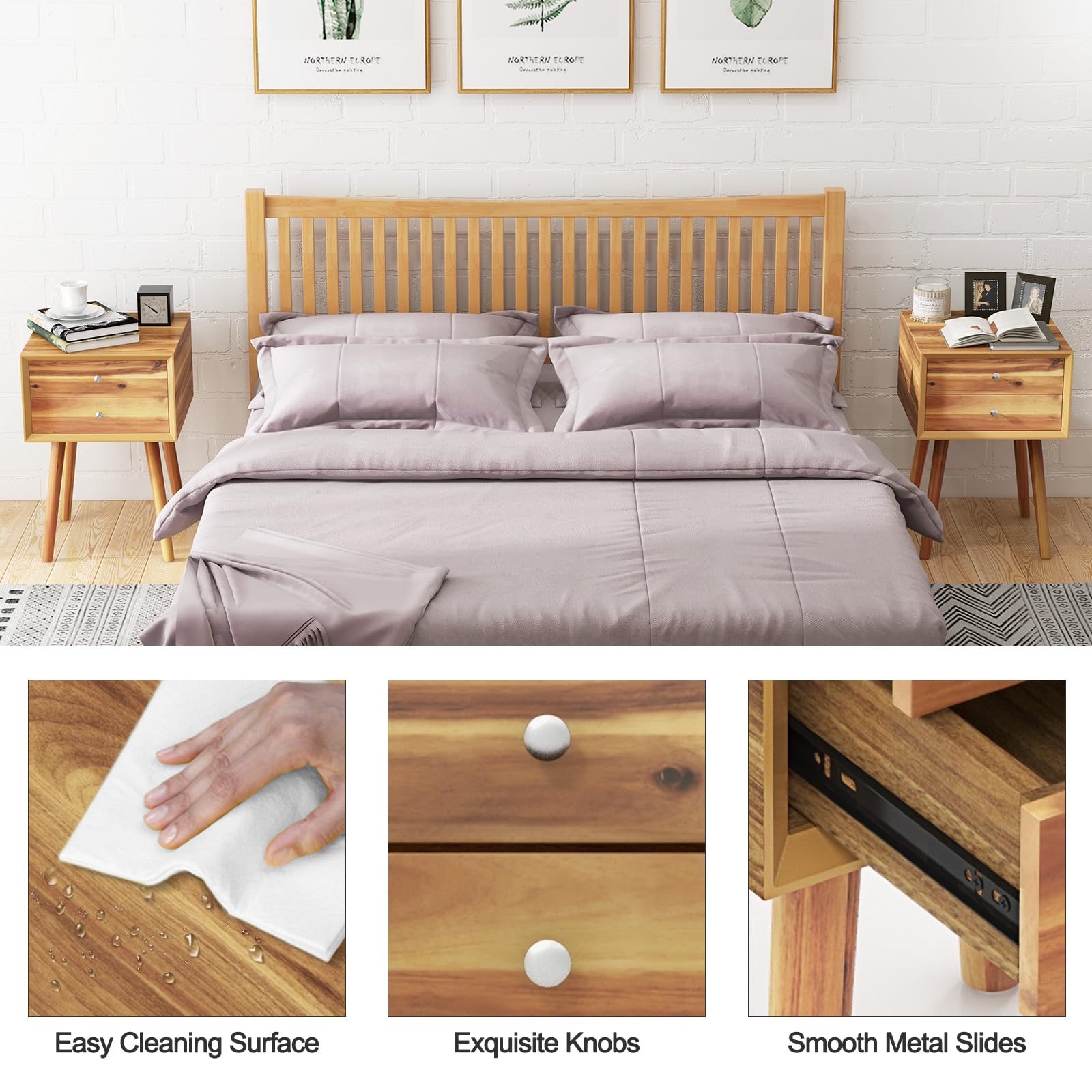 2-Drawer Nightstand, Mid-Century Modern Bed Side Table with Storage