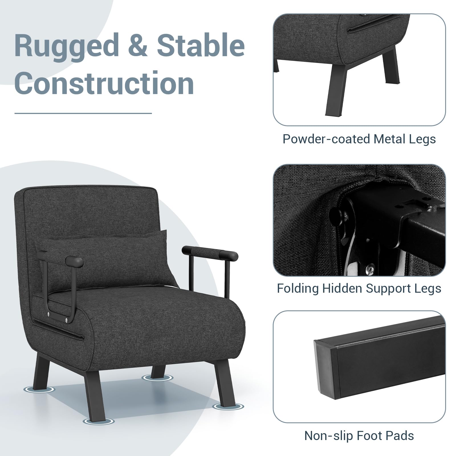 Convertible Upholstered Sleeper Chair Bed with Pillow, 4-in-1 Folding Sofa Bed with 6-Position Adjustable Backrest