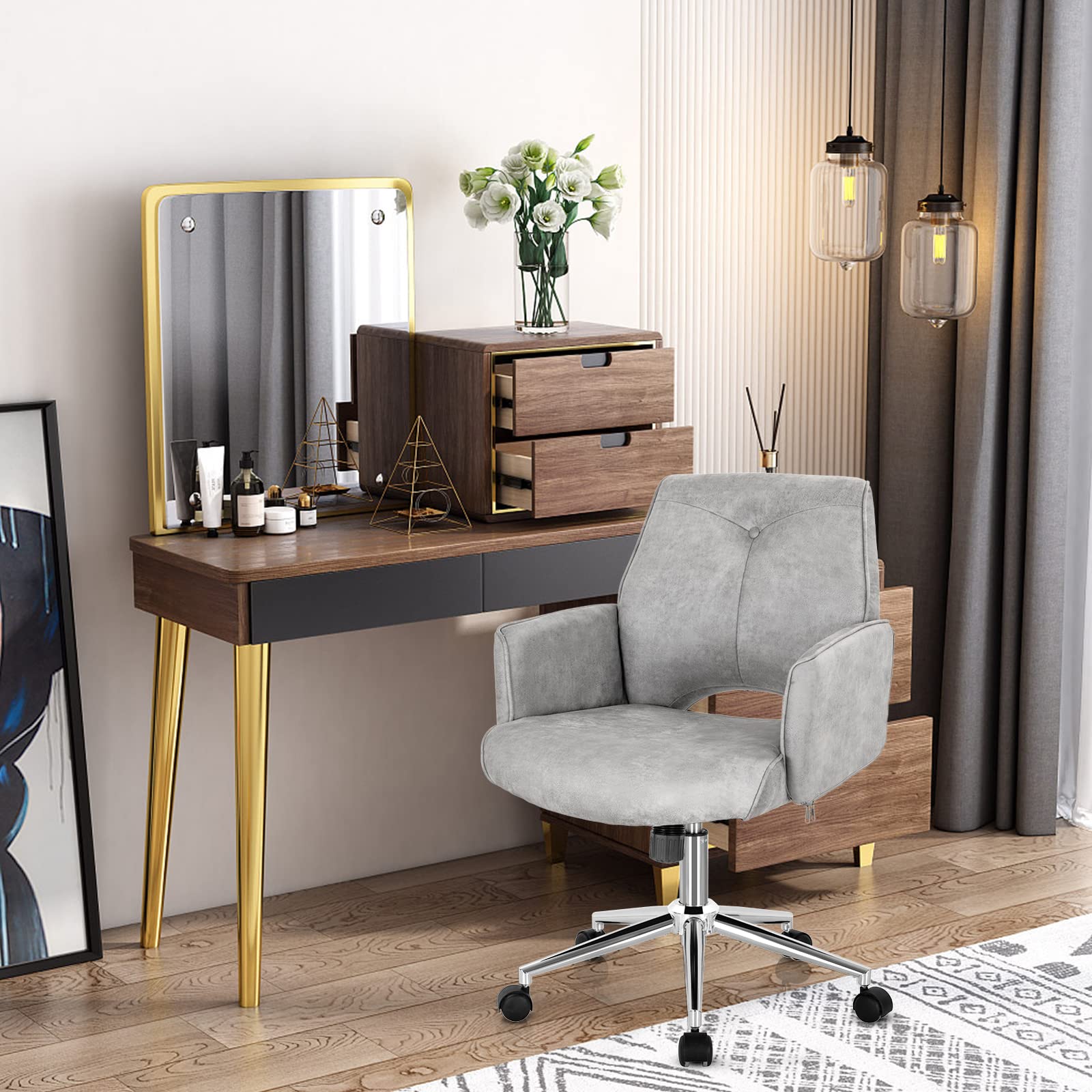 Home Office Desk Chair, Faux Leather Desk Chair with Wheels and Armrests, Height Adjustable