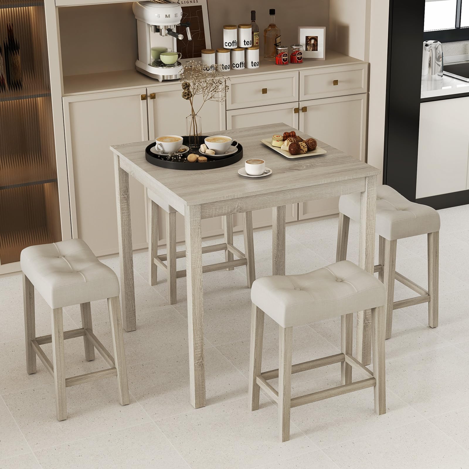 5-Piece Bar Table Set, Square Breakfast Set for 4 w/Padded Stools