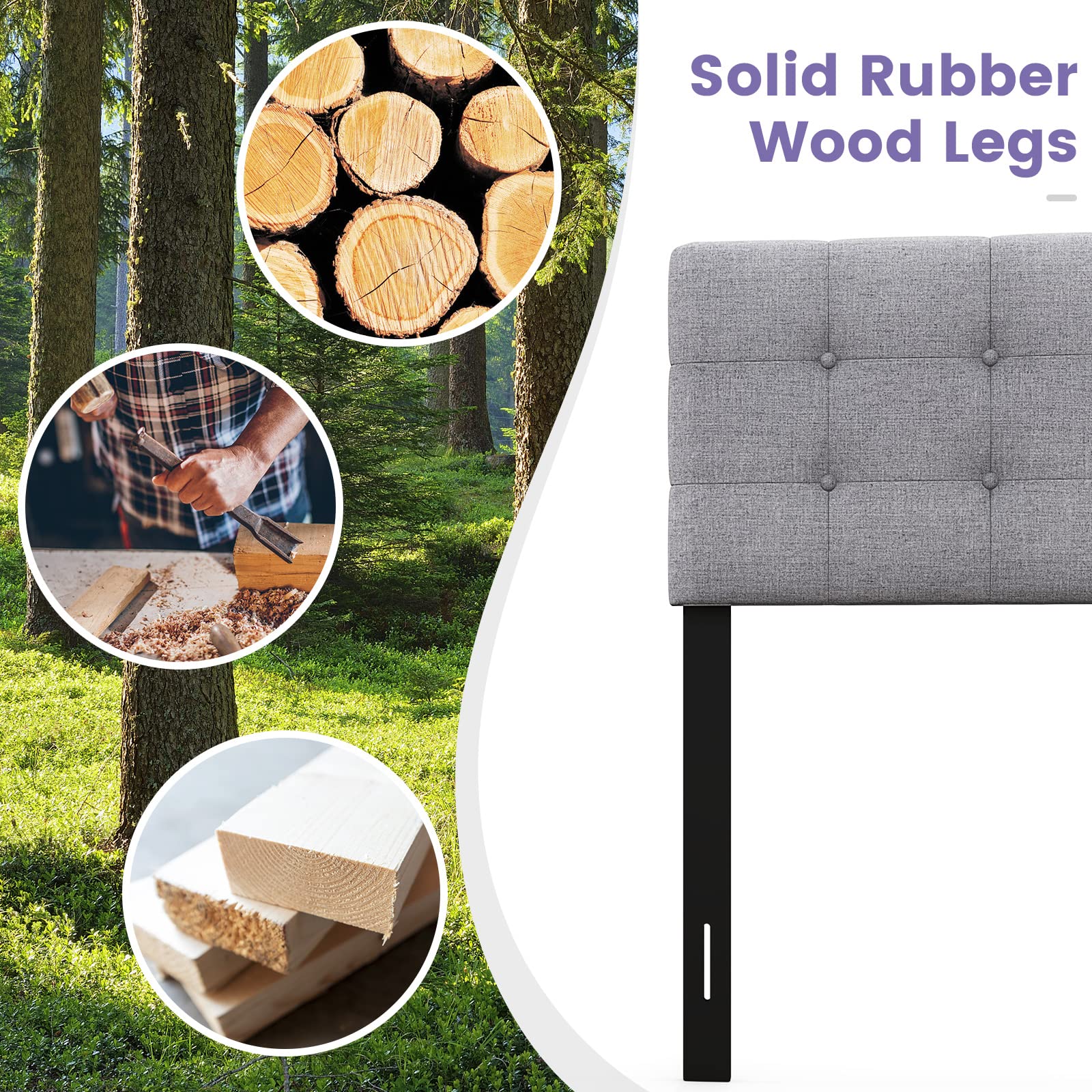 Linen Upholstered Headboard, Modern Tufted Button Bed Headboard with Solid Rubber Wood Legs