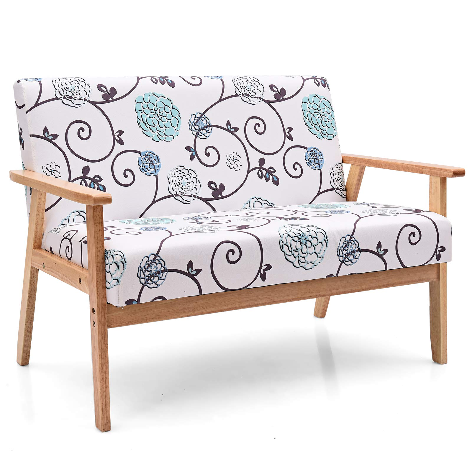 2-Seat Mid-Century Upholstered Wooden Loveseat w/Rubber Wood