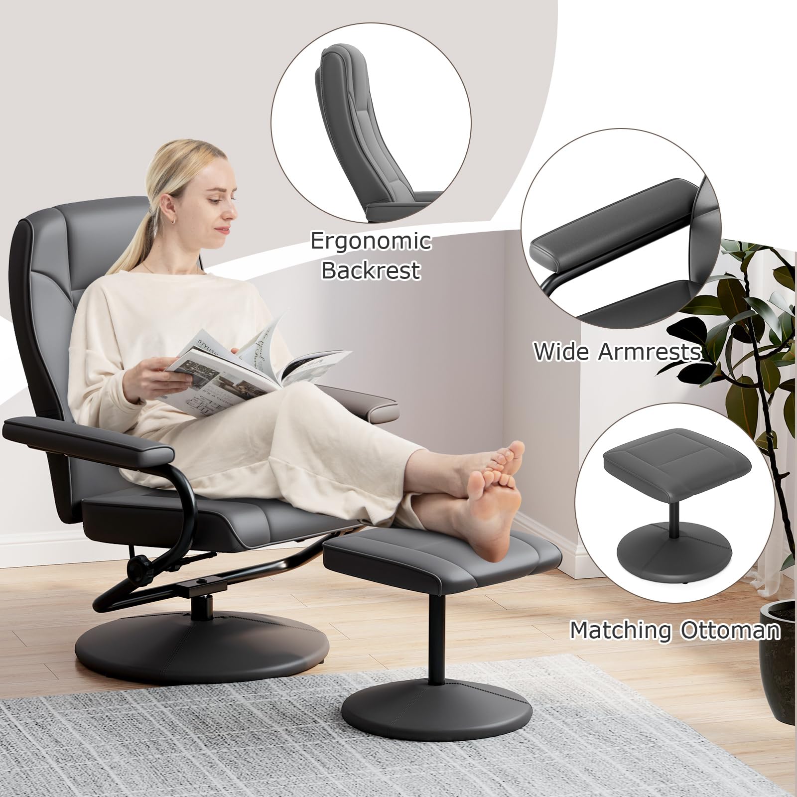 Recliner Chair with Ottoman, 360&deg; Swivel Faux Leather Reclining Chair w/Adjustable Backrest, Footrest