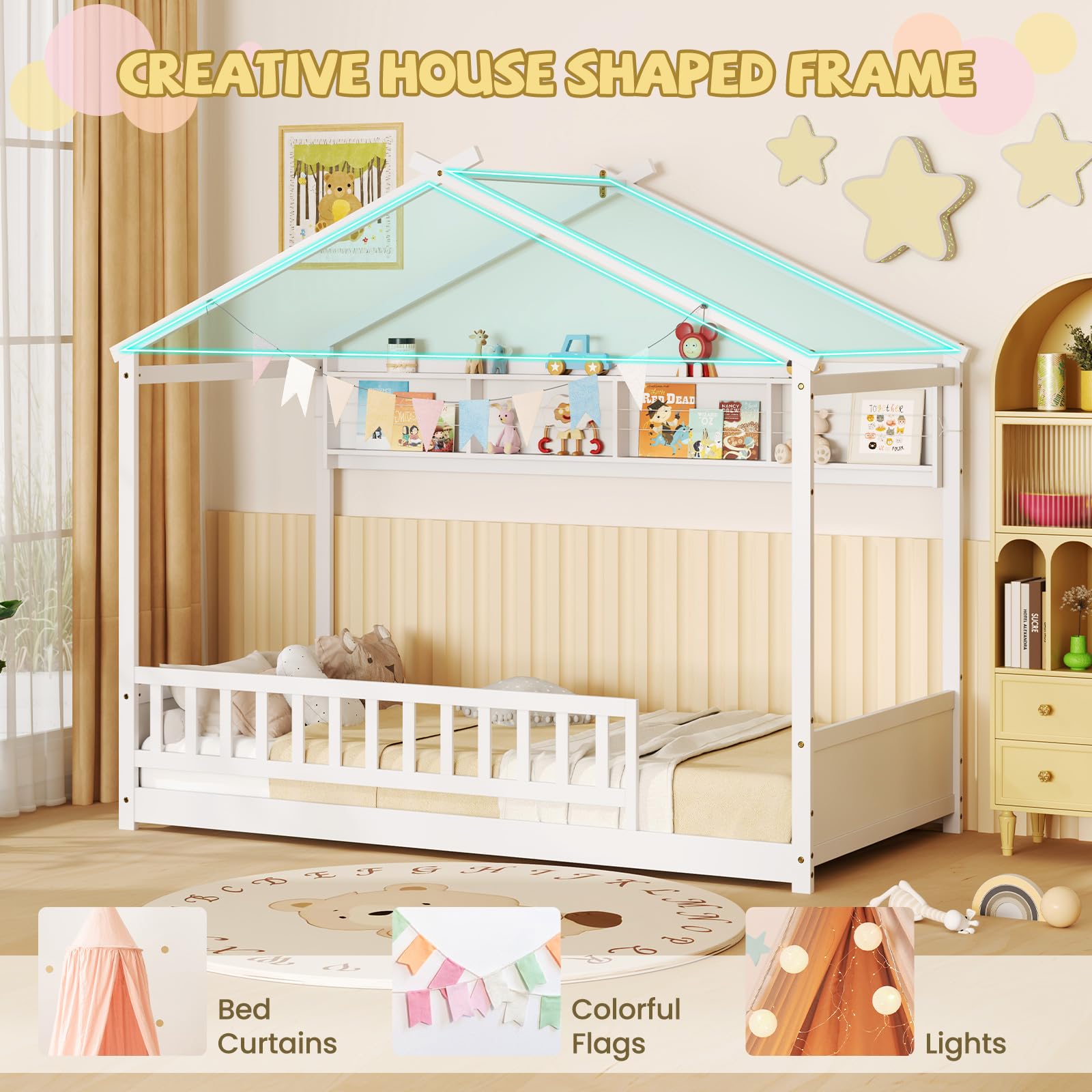 Twin Floor House Bed with Storage Shelf, Headboard & Guardrail